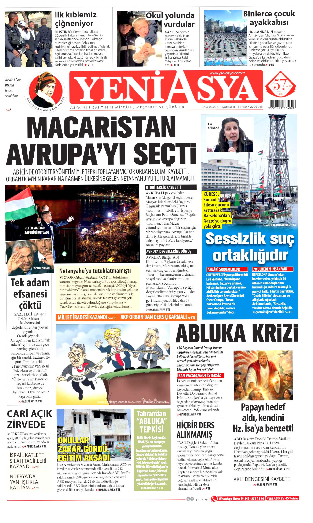 Yeni Asya Gazetesi Manşeti - 14 Nisan 2026 Birinci Sayfa