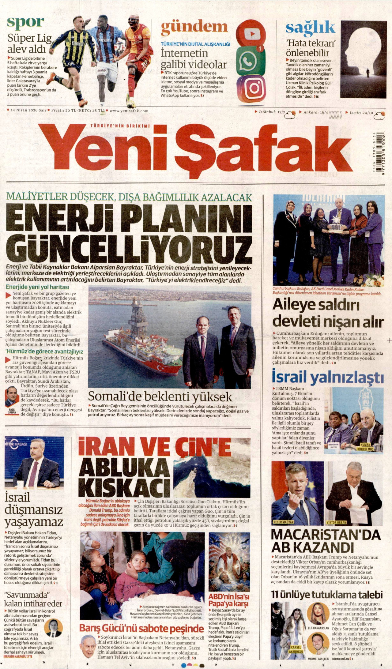 Yeni Şafak Gazetesi Manşeti - 14.04.2026