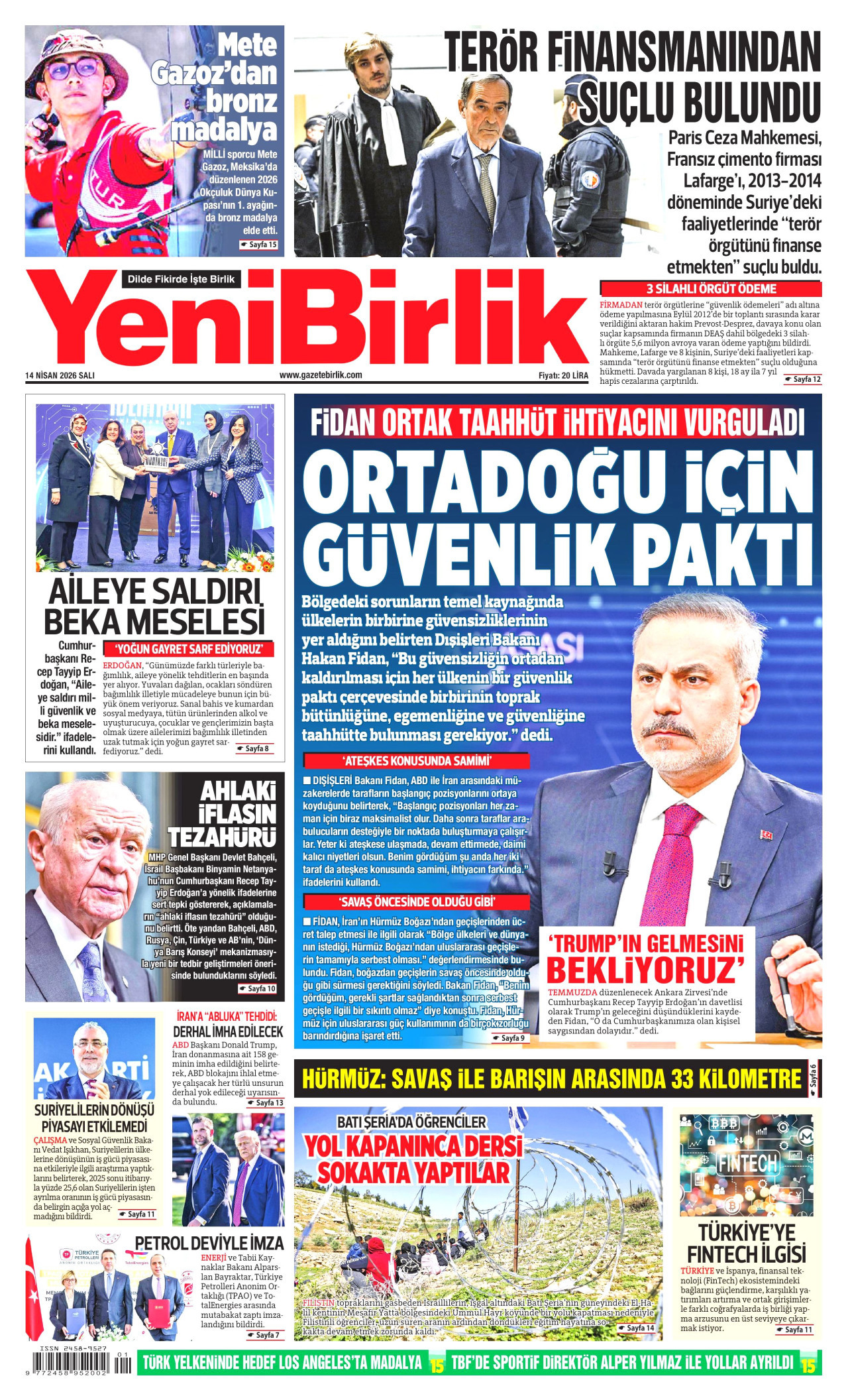 YeniBirlik Gazetesi Manşeti - 14 Nisan 2026 Birinci Sayfa