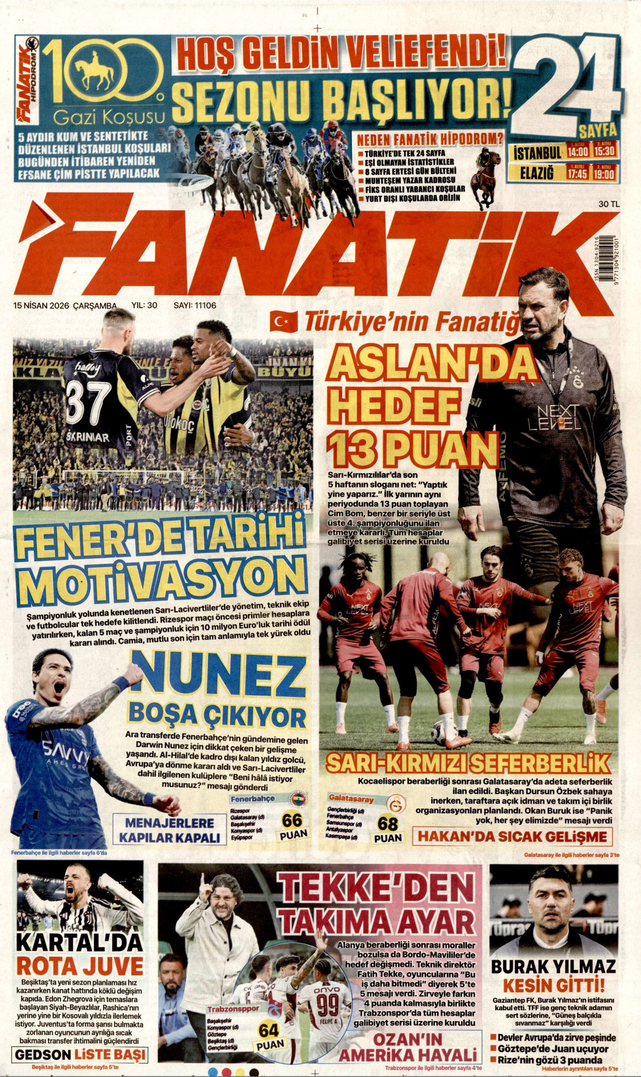 Fanatik Gazetesi Manşeti - 15.04.2026