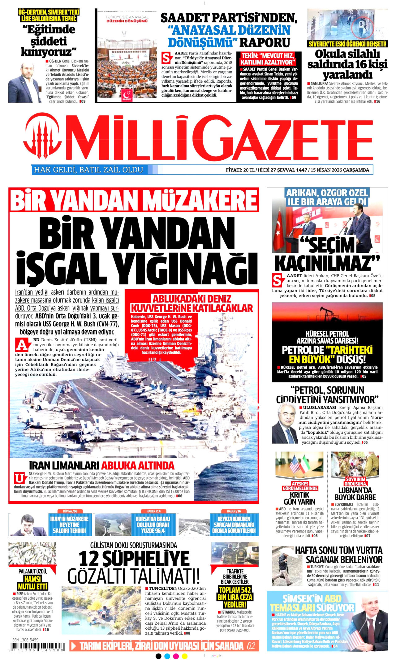 Milli Gazete Gazetesi Manşeti - 15 Nisan 2026 Birinci Sayfa