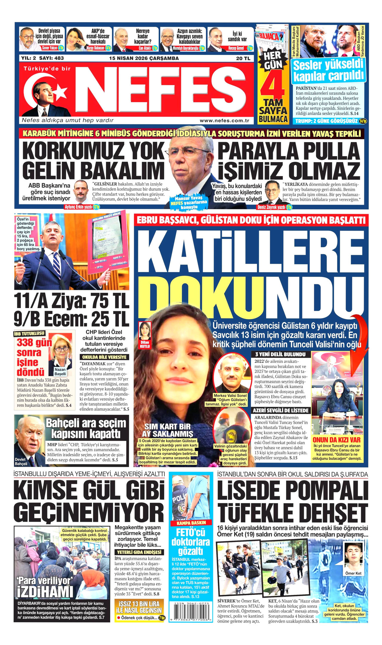 Nefes Gazetesi Manşeti - 15 Nisan 2026 Birinci Sayfa