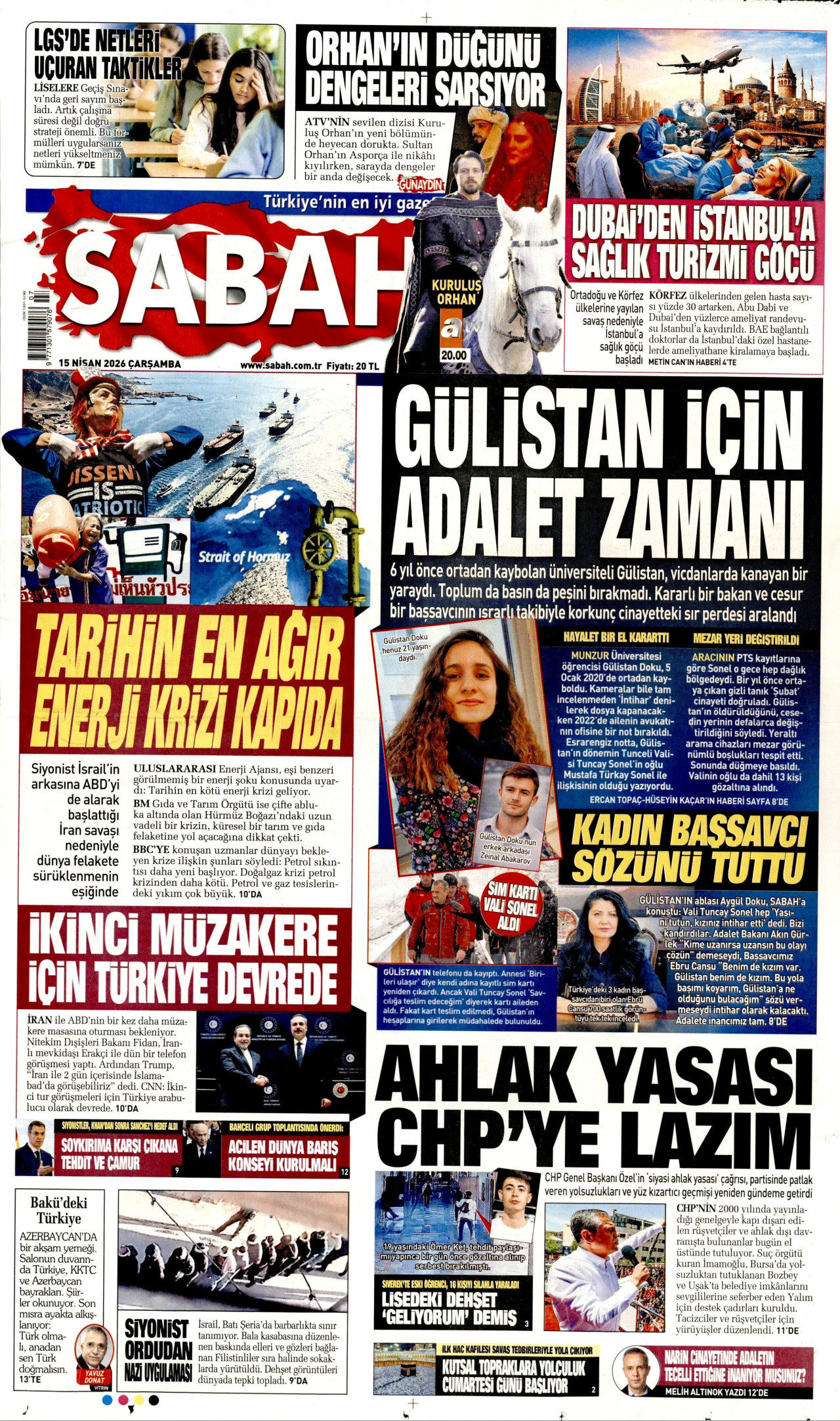 Sabah Gazetesi Manşeti - 15 Nisan 2026 Birinci Sayfa