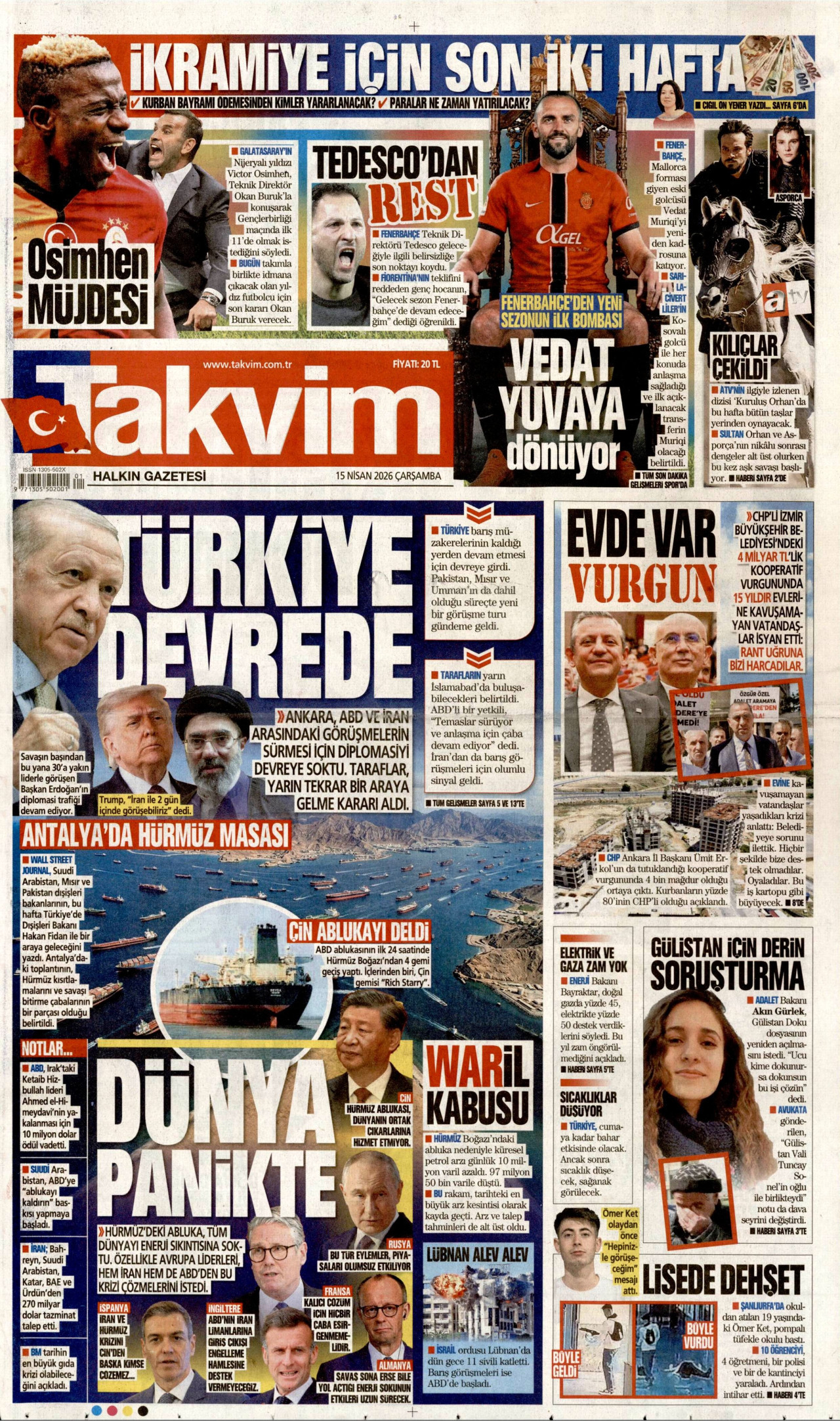 Takvim Gazetesi Manşeti - 15 Nisan 2026 Birinci Sayfa