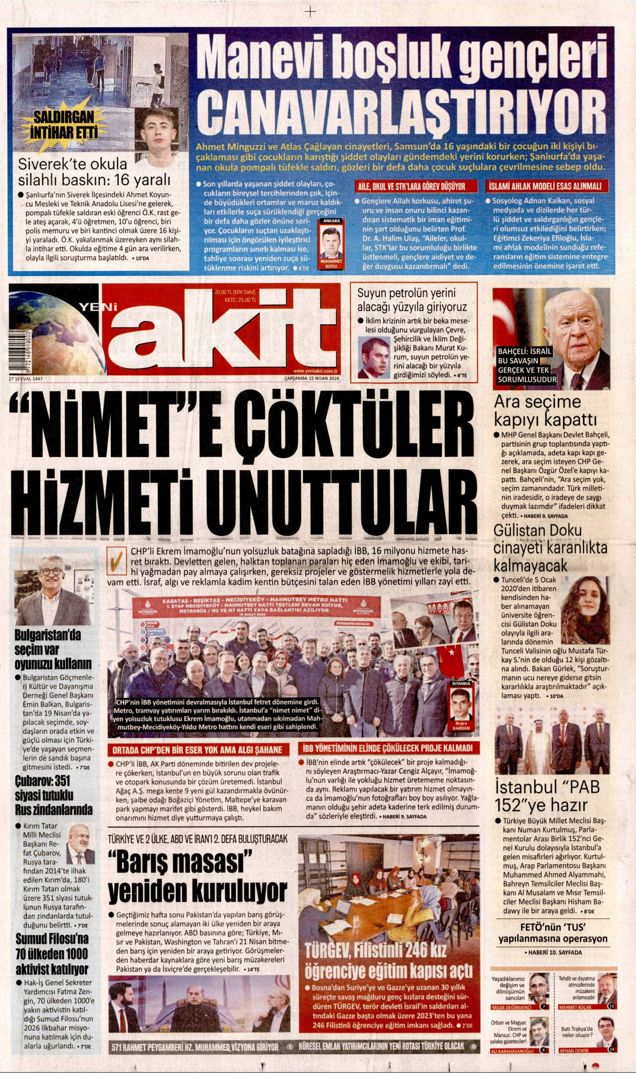 Yeni Akit Gazetesi Manşeti - 15.04.2026
