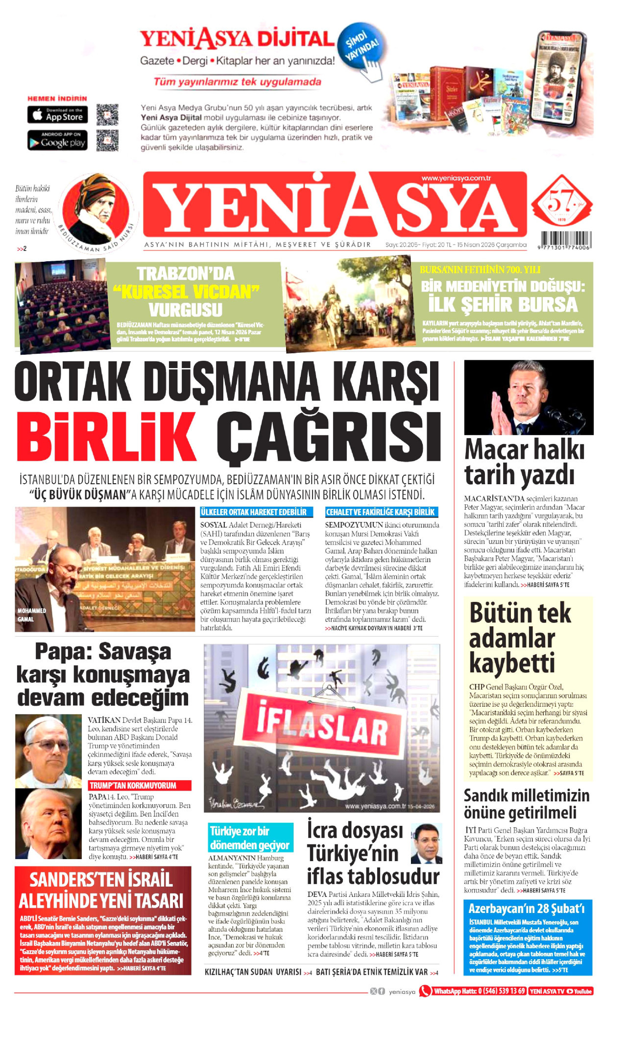Yeni Asya Gazetesi Manşeti - 15 Nisan 2026 Birinci Sayfa