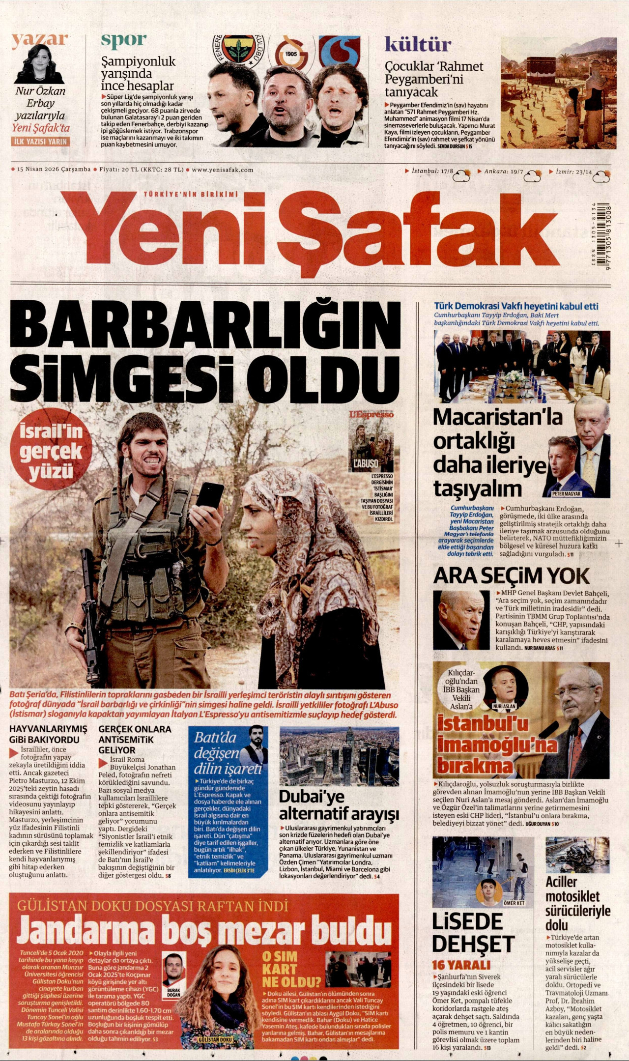 Yeni Şafak Gazetesi Manşeti - 15.04.2026