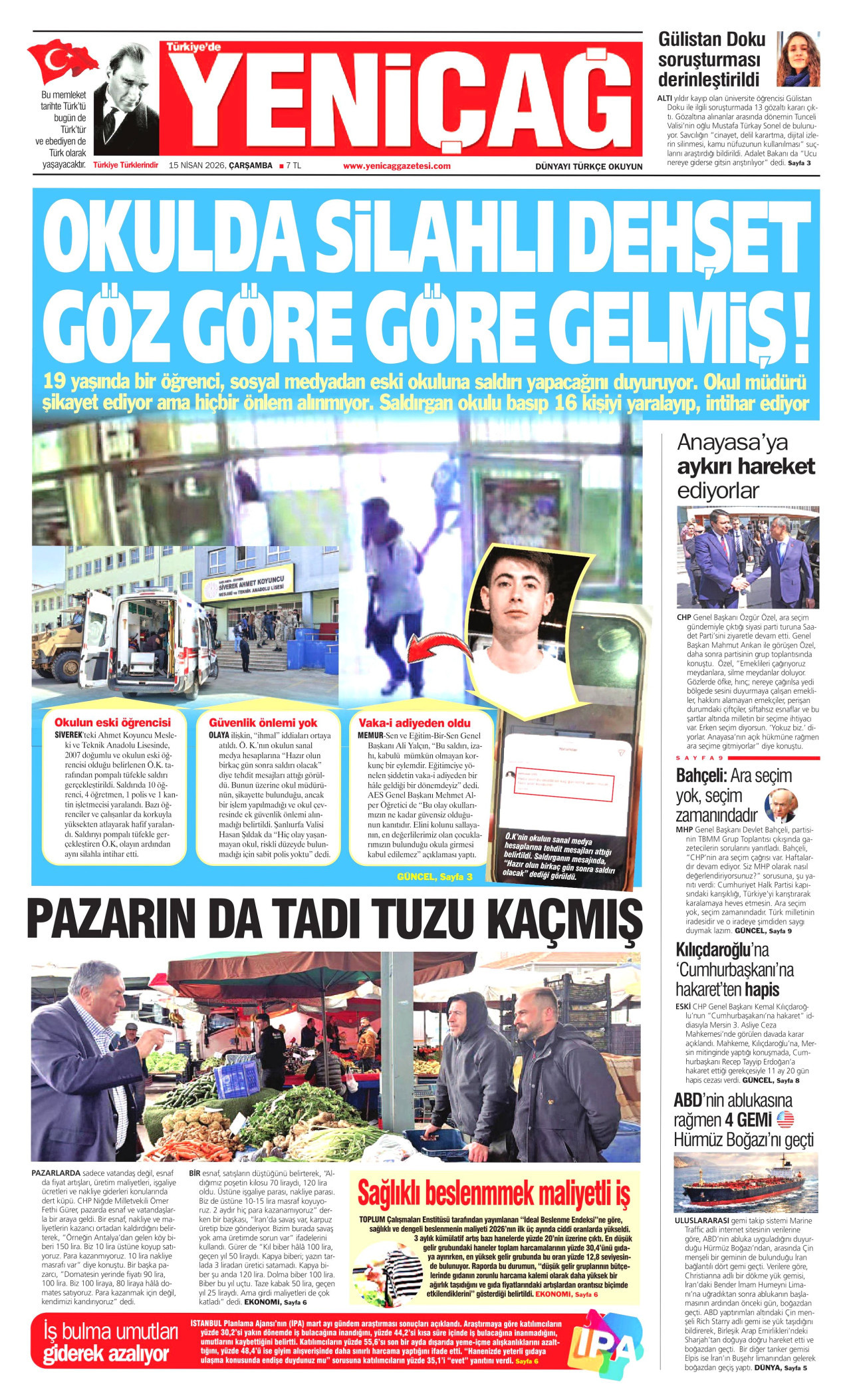 Yeniçağ Gazetesi Manşeti - 15.04.2026