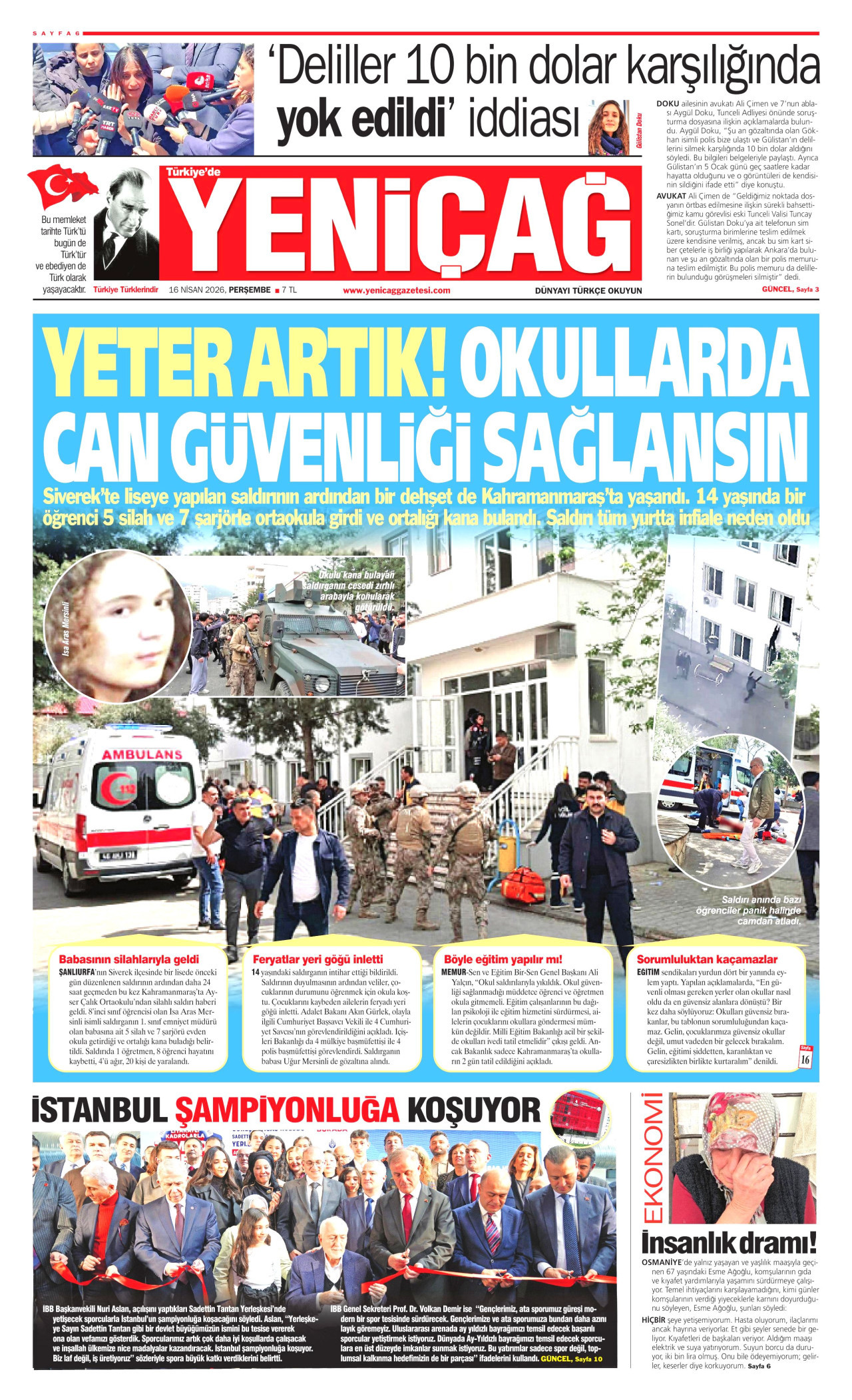 Yeniçağ Gazetesi Manşeti