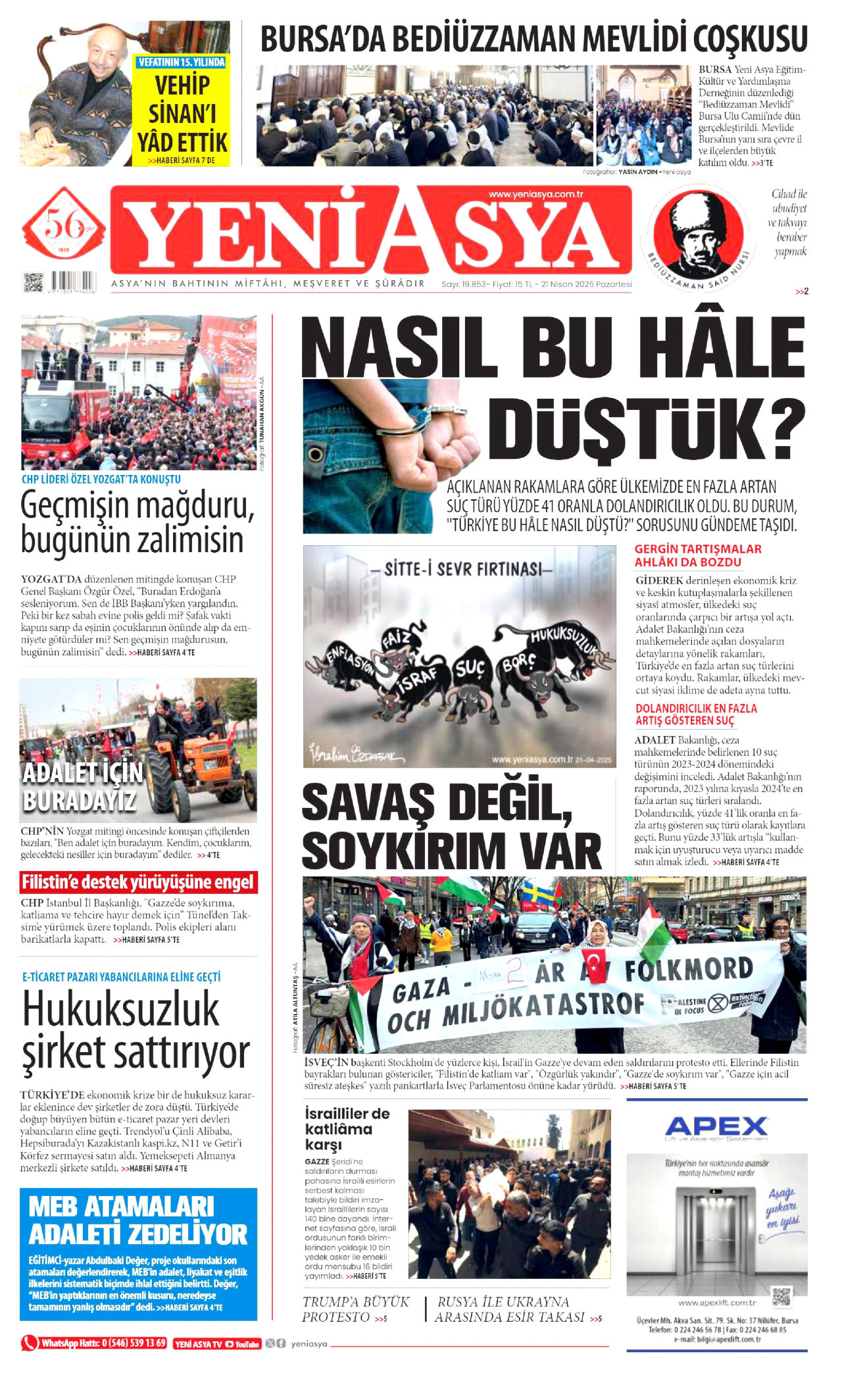 Yeni Asya Gazetesi Manşeti - 21 Nisan 2026 Birinci Sayfa
