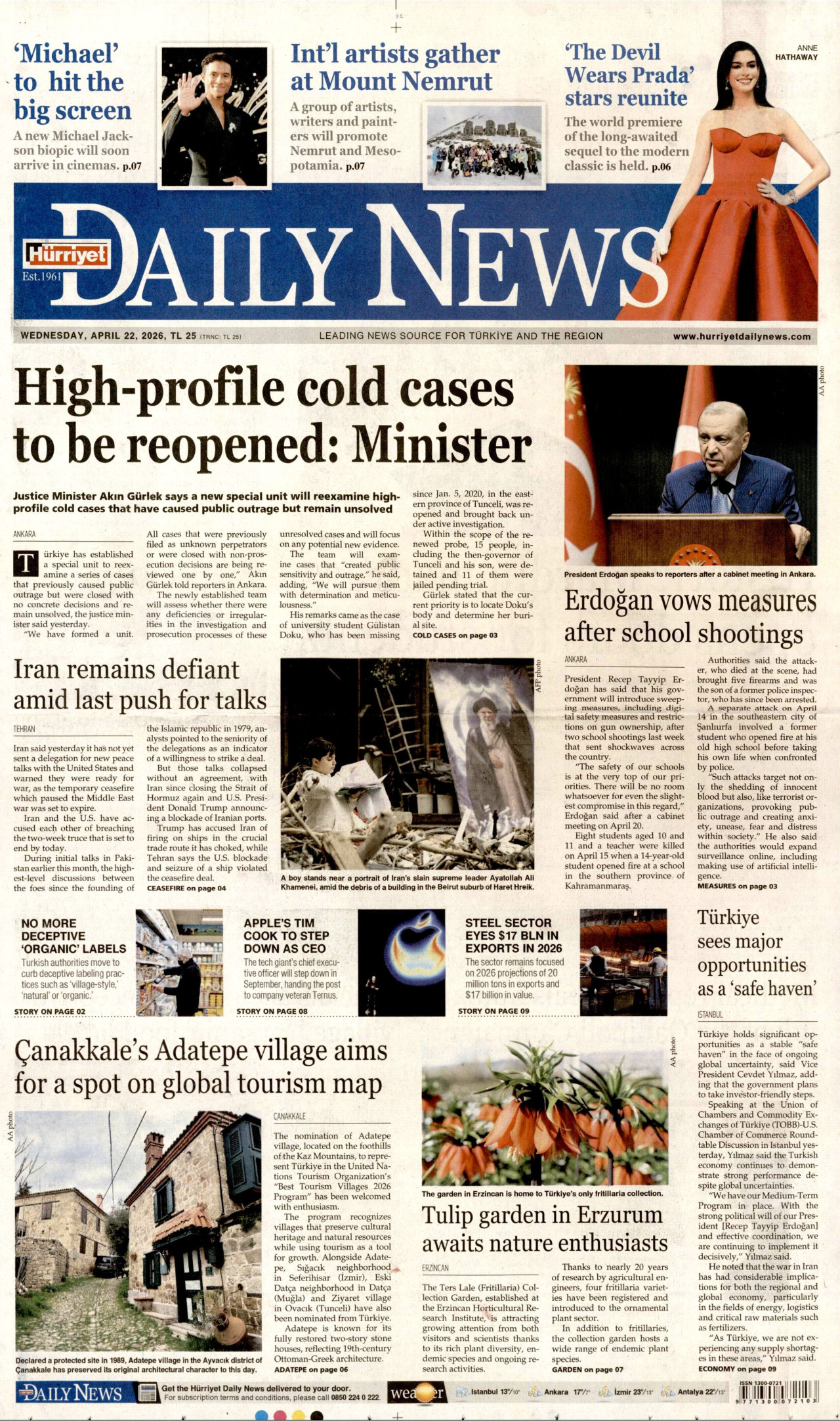 Hürriyet Daily News Gazetesi Manşeti - 22.04.2026