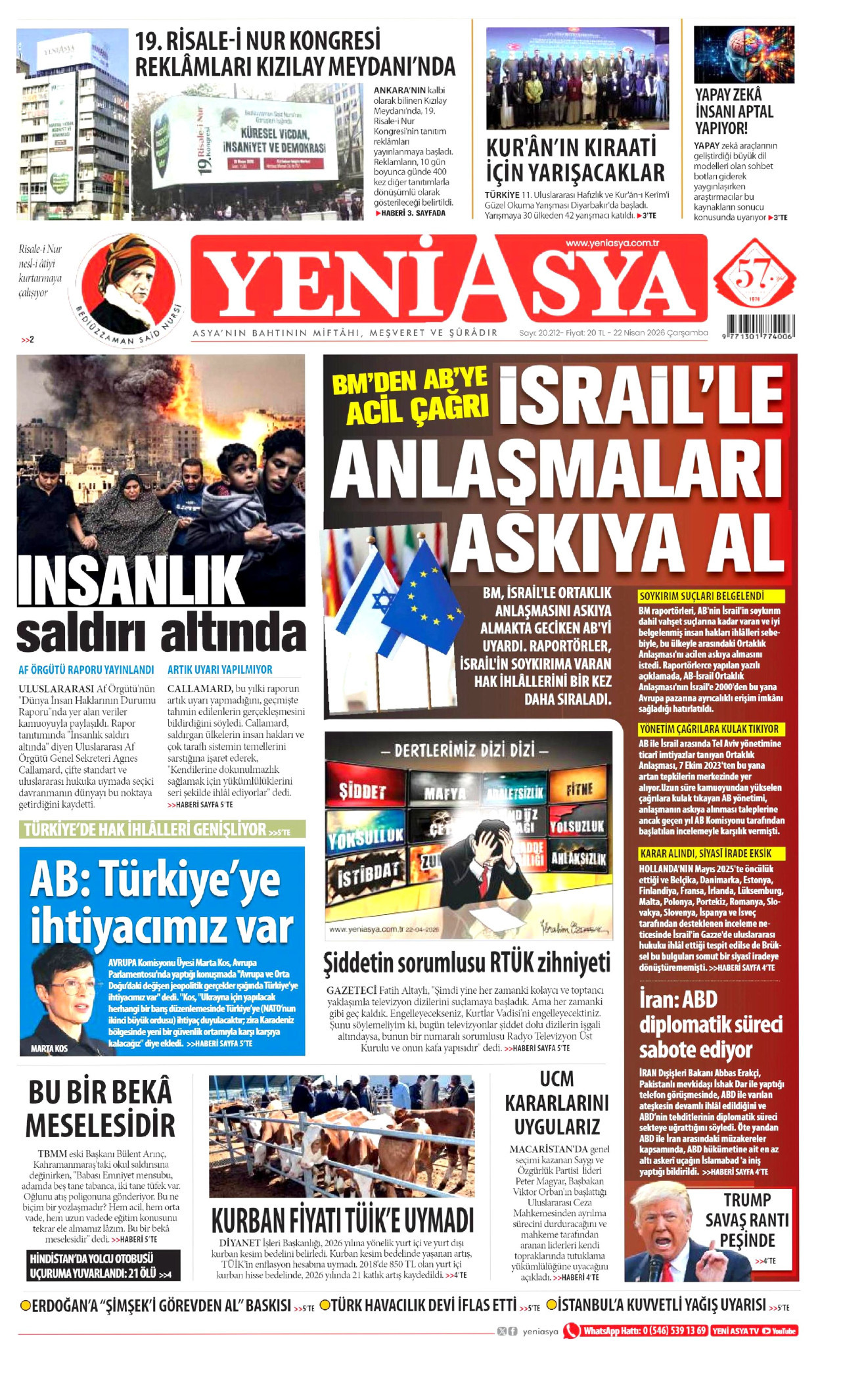 Yeni Asya Gazetesi Manşeti - 22.04.2026