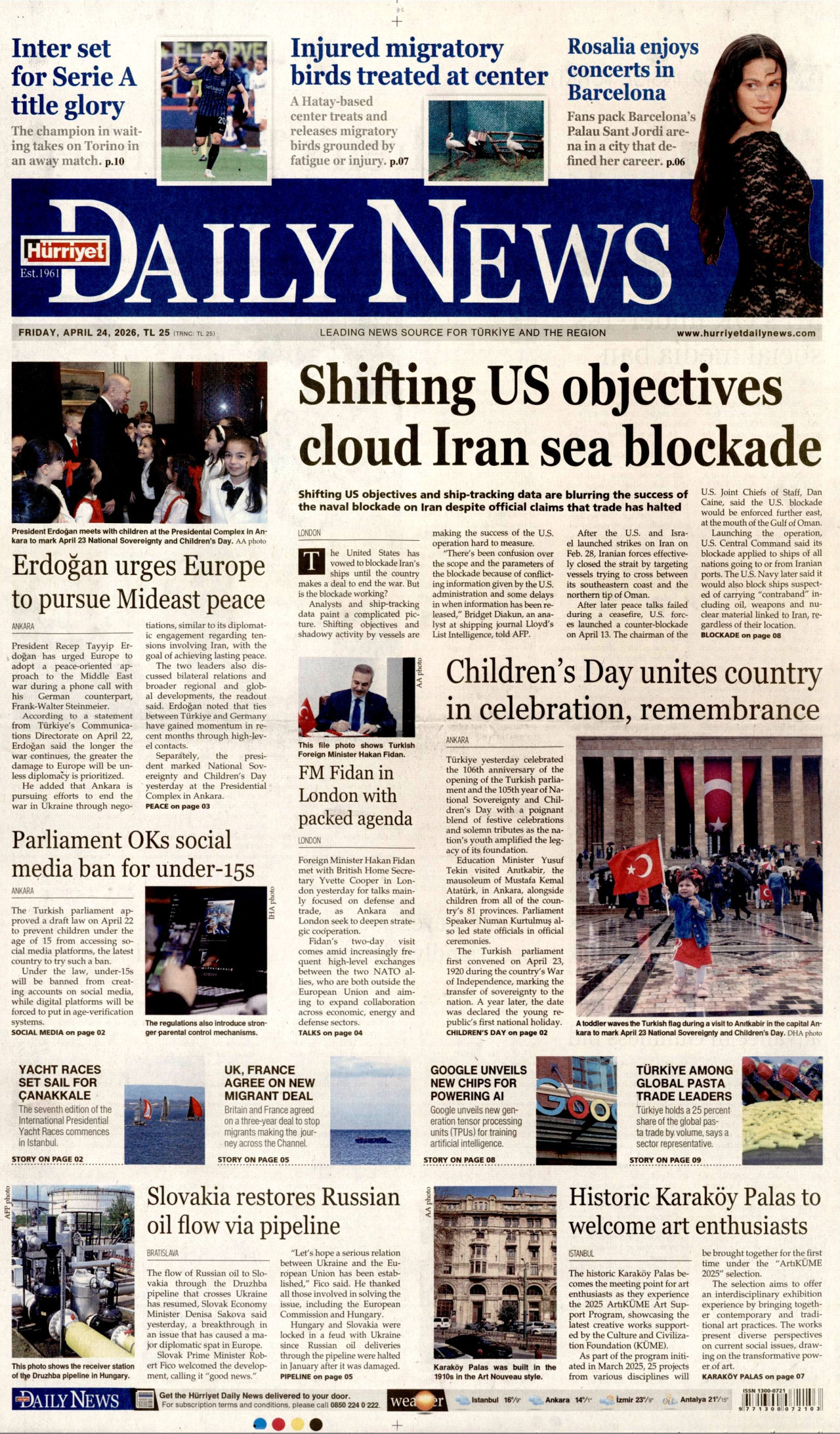 Hürriyet Daily News Gazetesi Manşeti - 24.04.2026