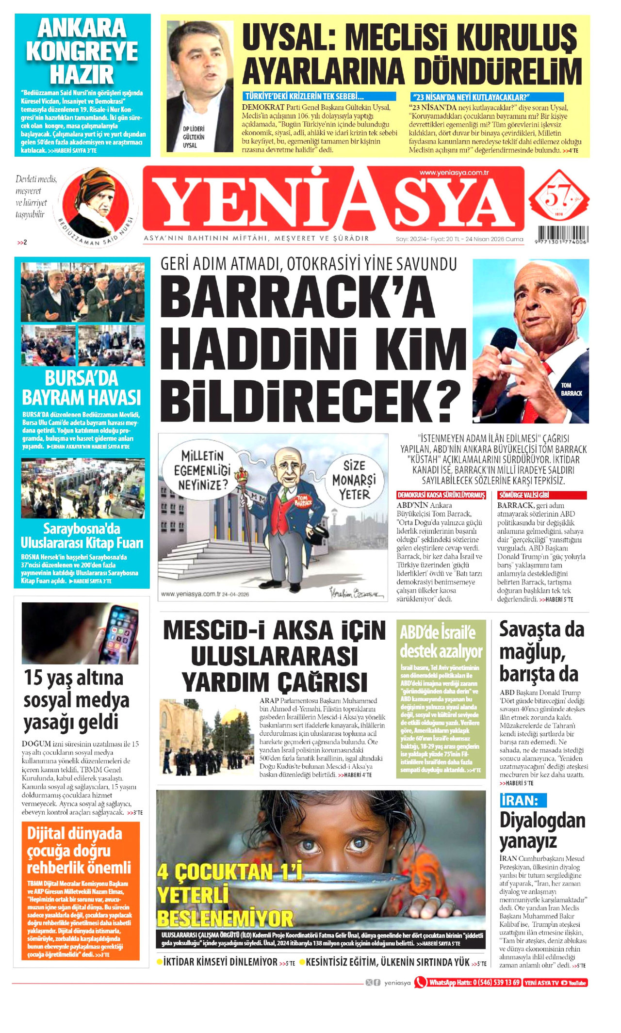 Yeni Asya Gazetesi Manşeti - 24 Nisan 2026 Birinci Sayfa