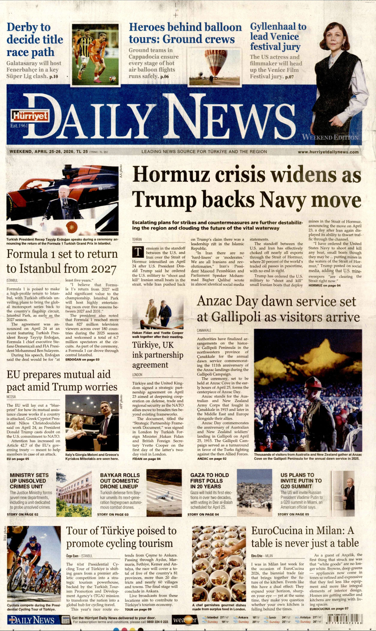 Hürriyet Daily News Gazetesi Manşeti - 25.04.2026