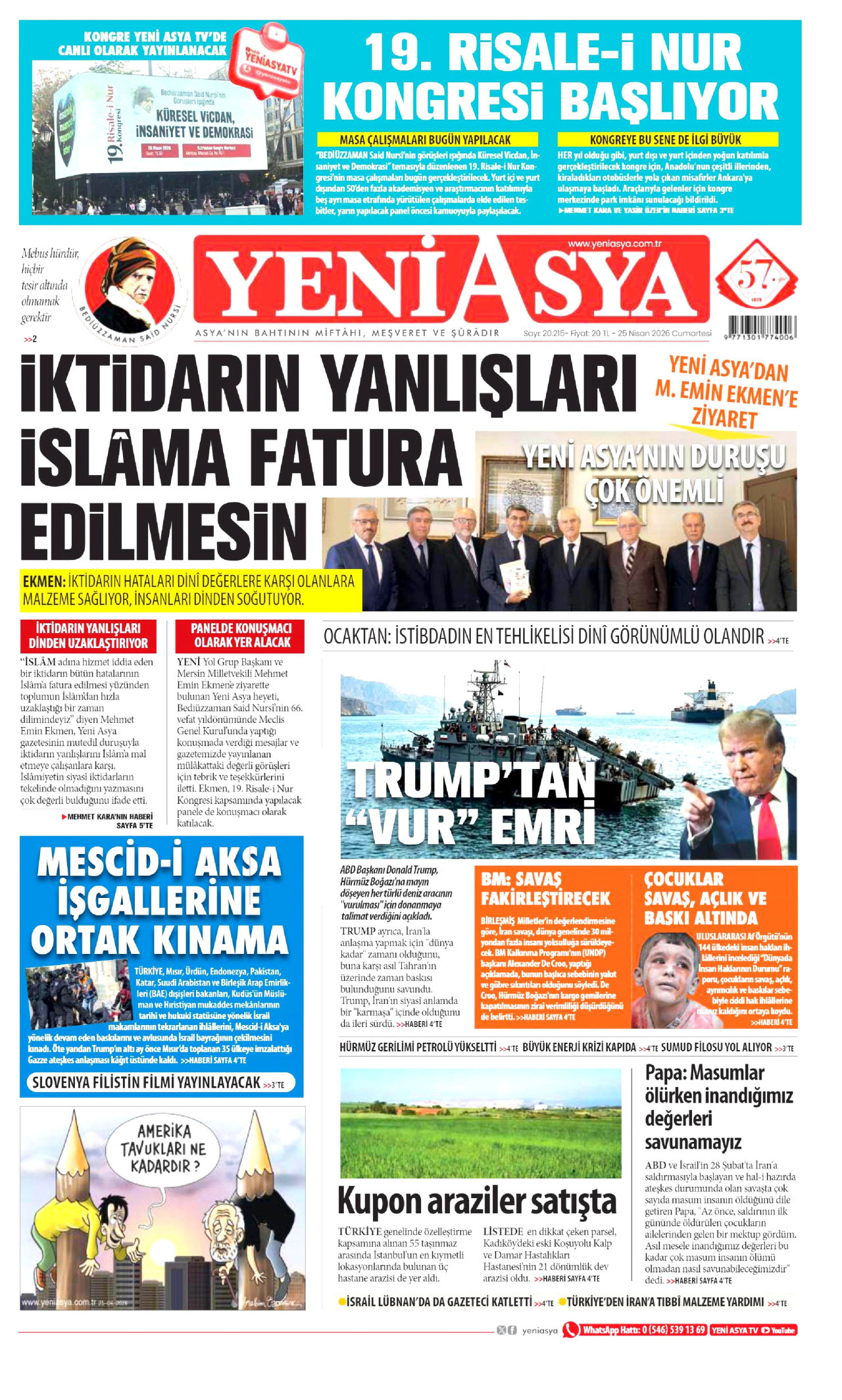 Yeni Asya Gazetesi Manşeti - 25 Nisan 2026 Birinci Sayfa