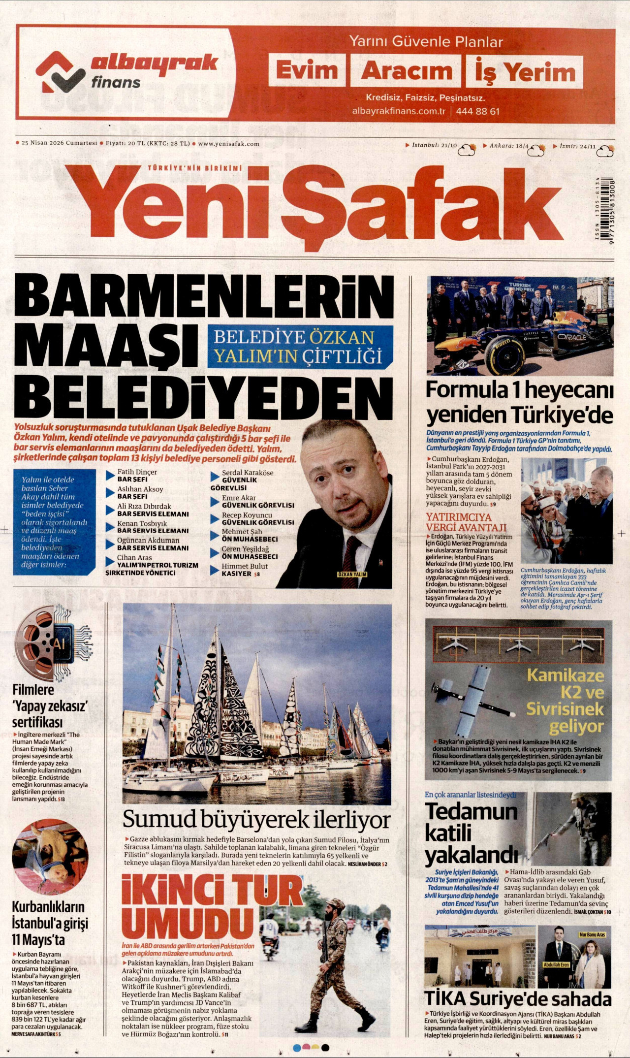 Yeni Şafak Gazetesi Manşeti - 25.04.2026