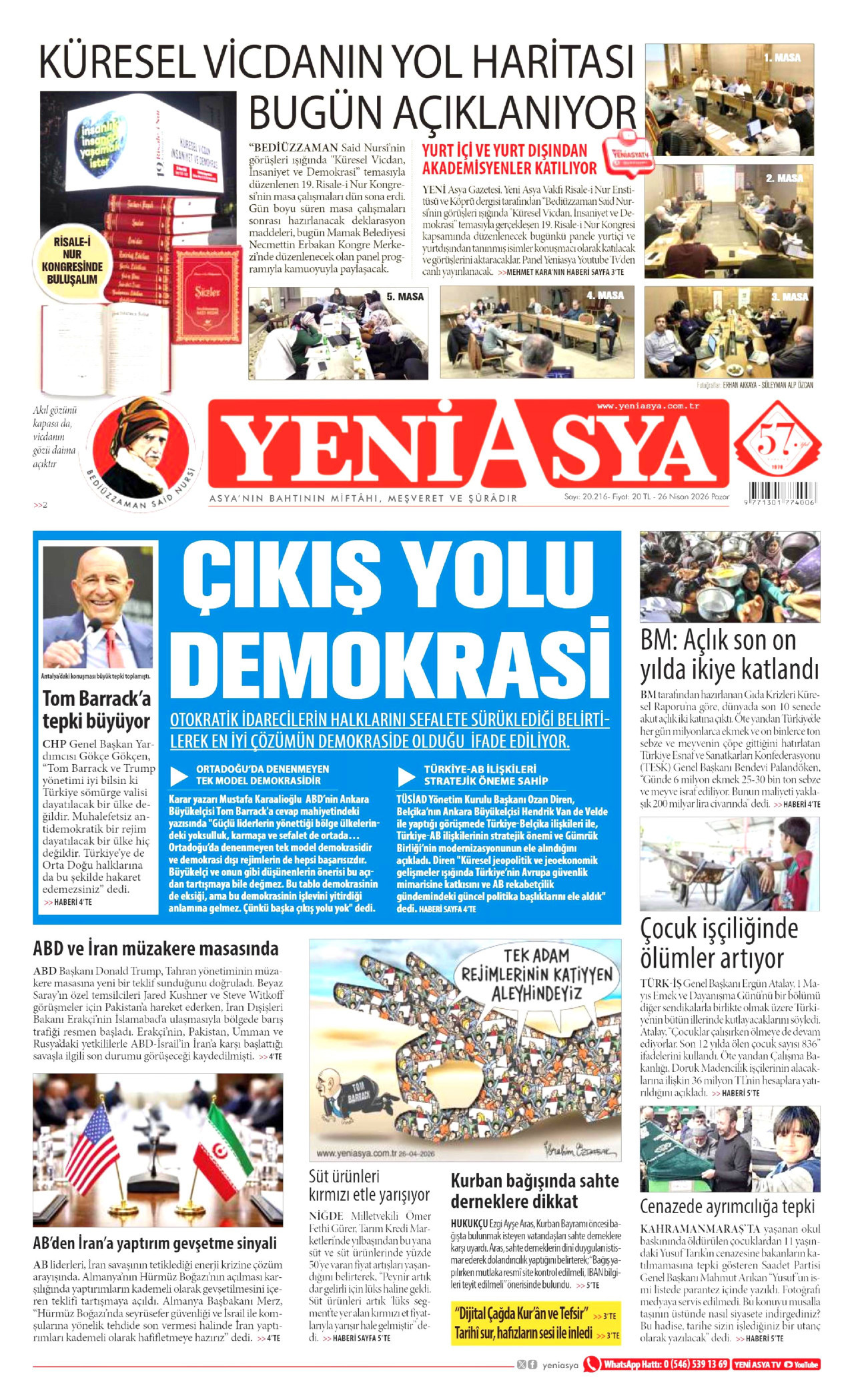 Yeni Asya Gazetesi Manşeti - 26 Nisan 2026 Birinci Sayfa