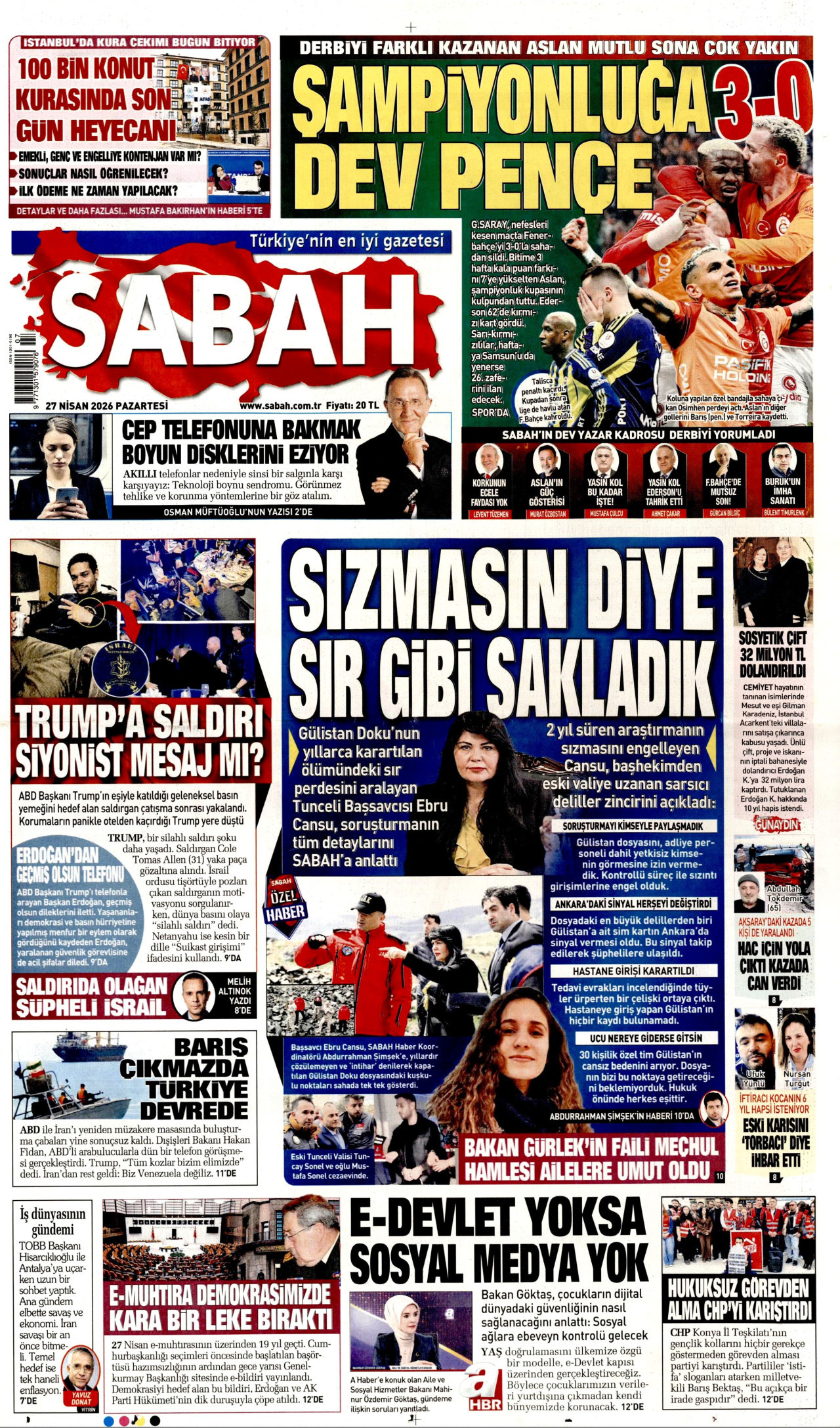Sabah Gazetesi Manşeti - 27.04.2026