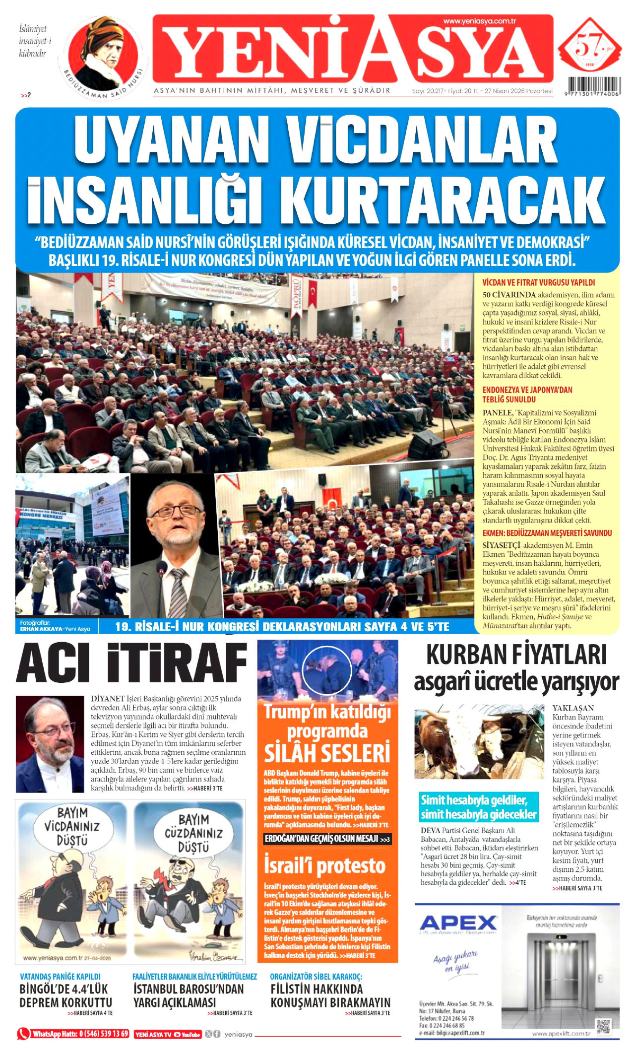 Yeni Asya Gazetesi Manşeti - 27 Nisan 2026 Birinci Sayfa