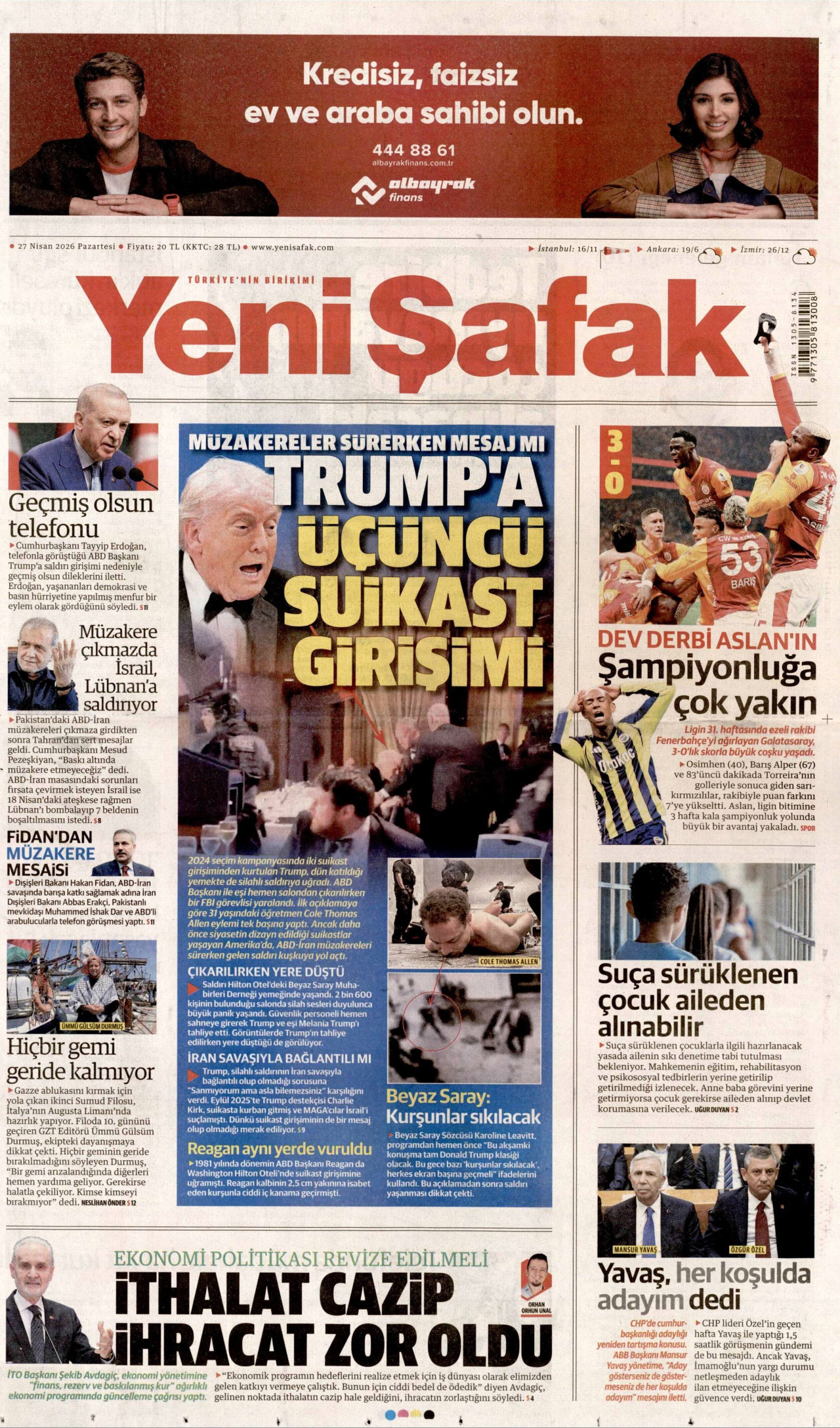 Yeni Şafak Gazetesi Manşeti - 27.04.2026
