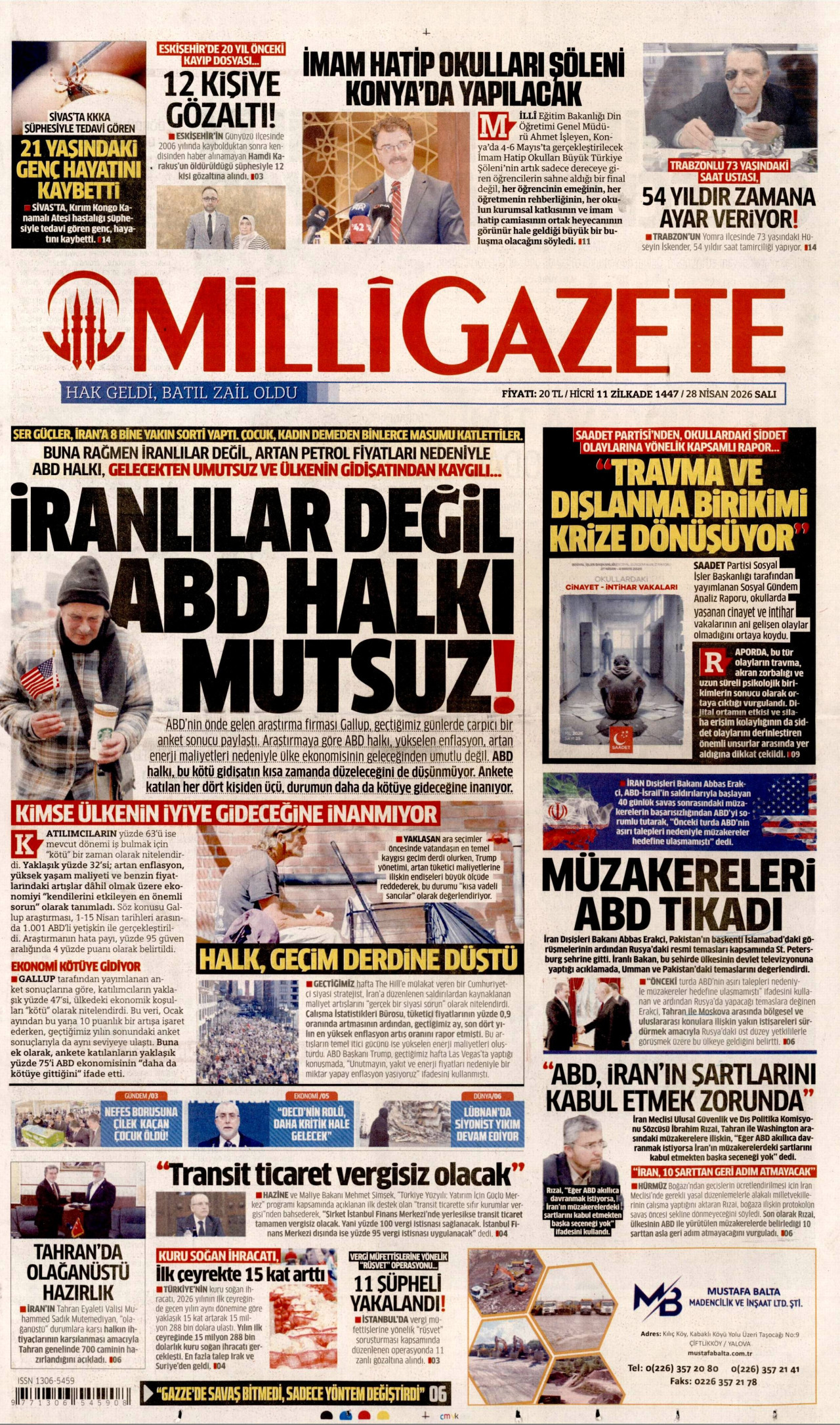 Milli Gazete Gazetesi Manşeti - 28.04.2026