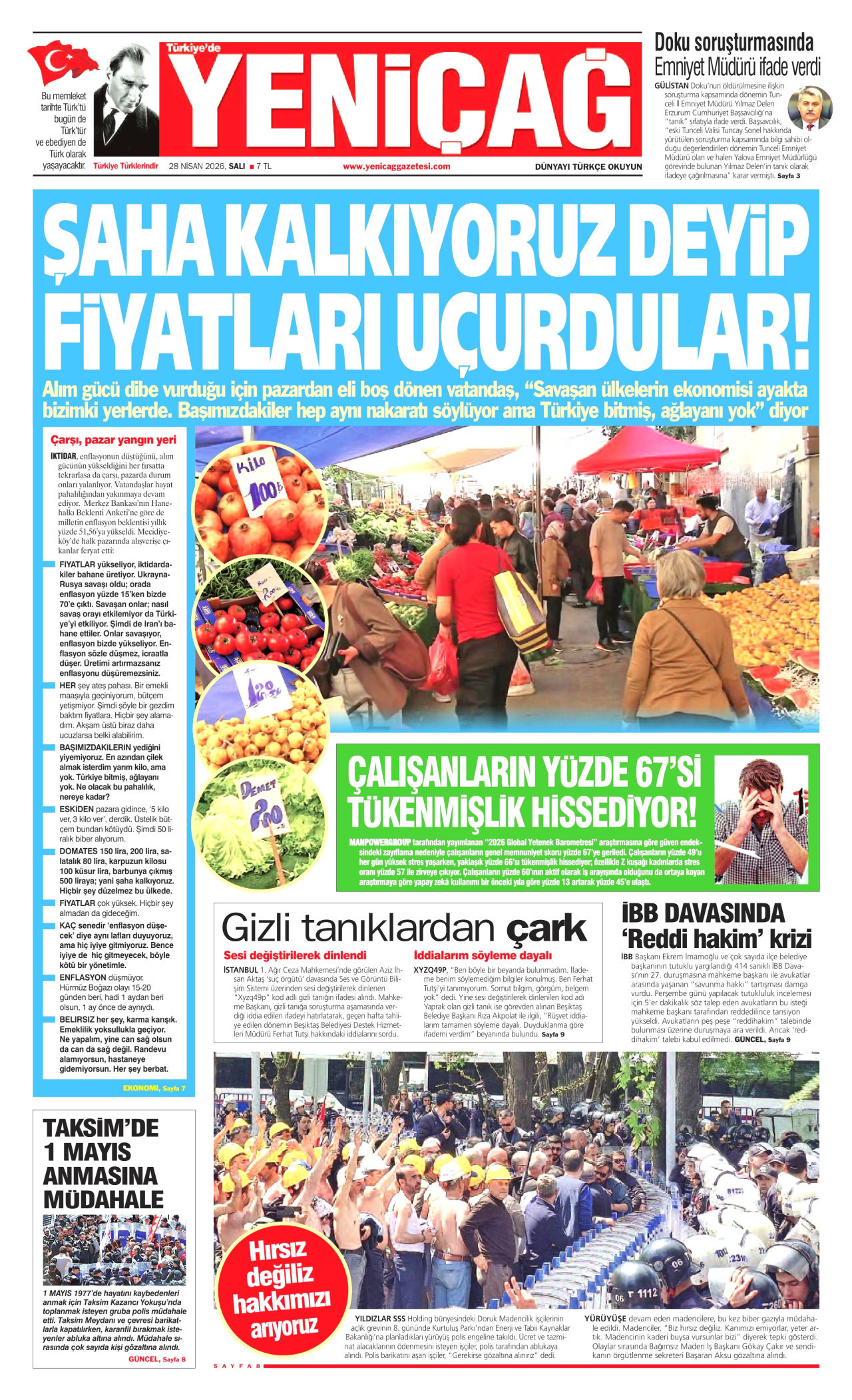 Yeniçağ Gazetesi Manşeti - 28.04.2026