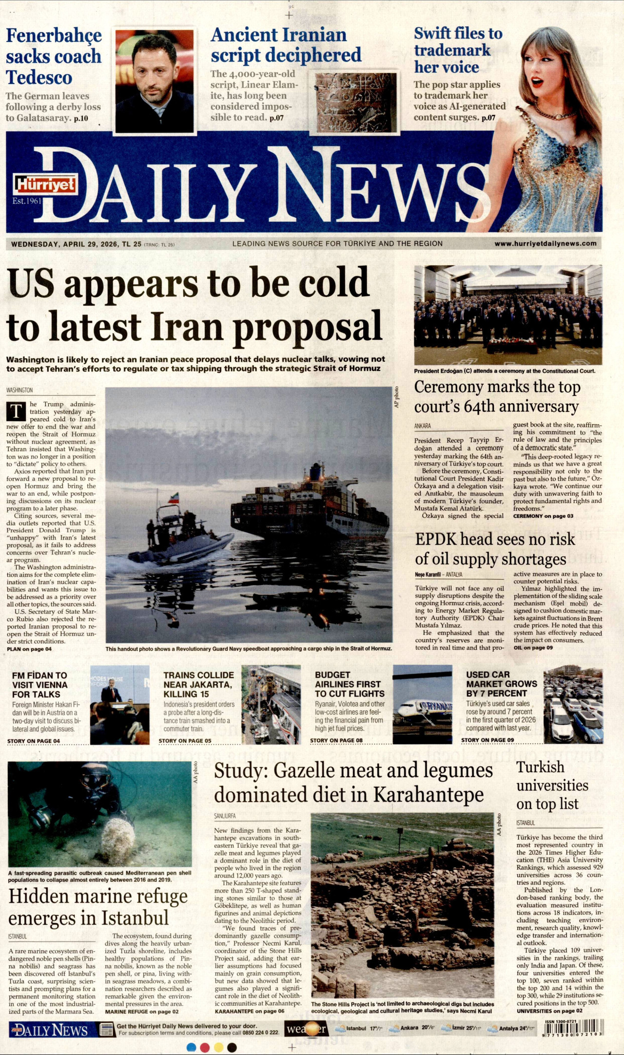 Hürriyet Daily News Gazetesi Manşeti - 29.04.2026