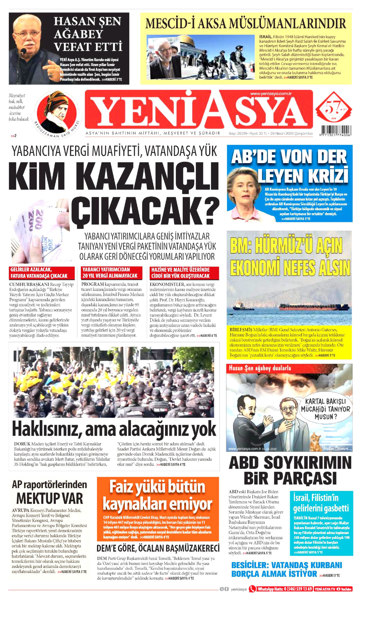 Yeni Asya Gazetesi Manşeti - 29 Nisan 2026 Birinci Sayfa