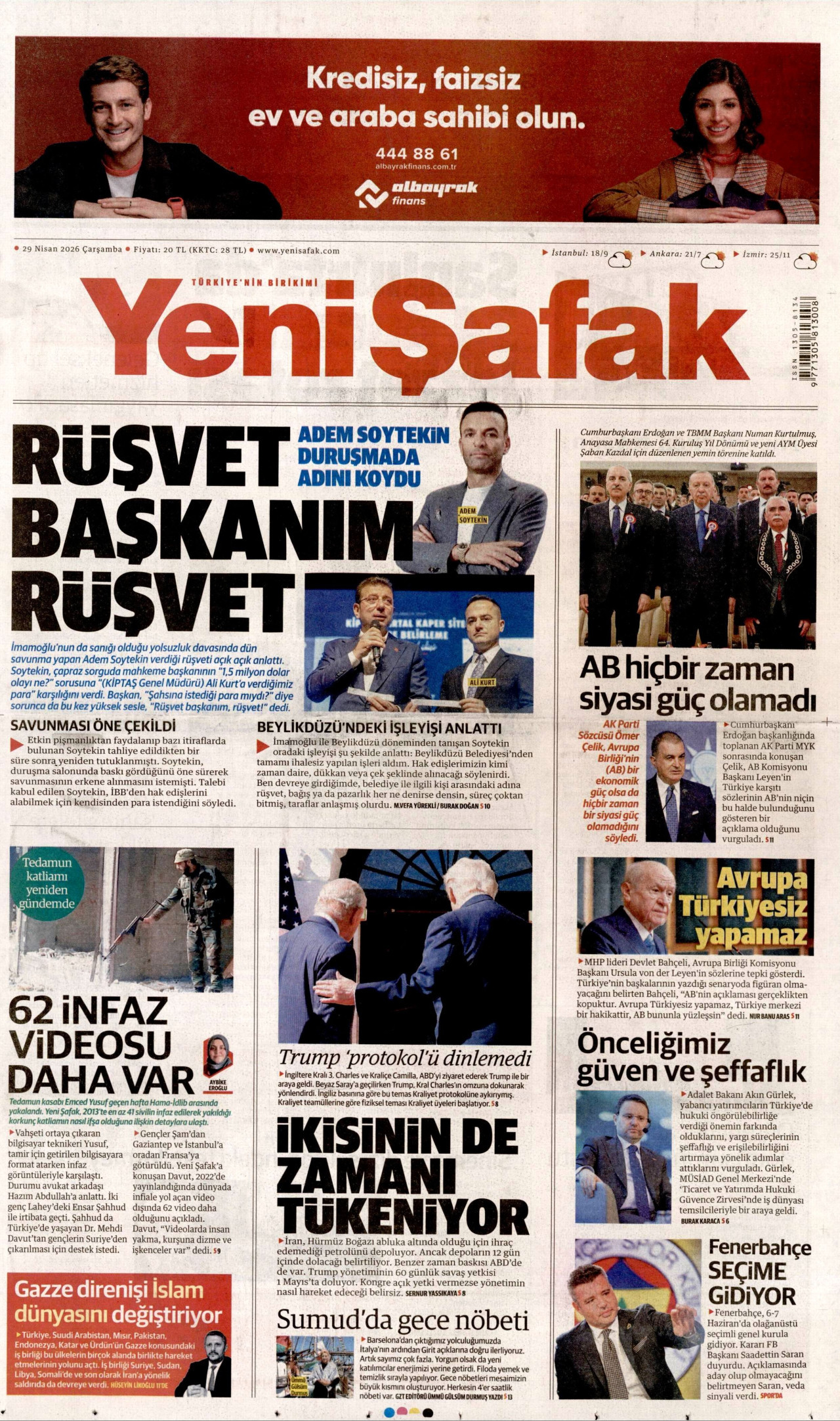 Yeni Şafak Gazetesi Manşeti - 29.04.2026