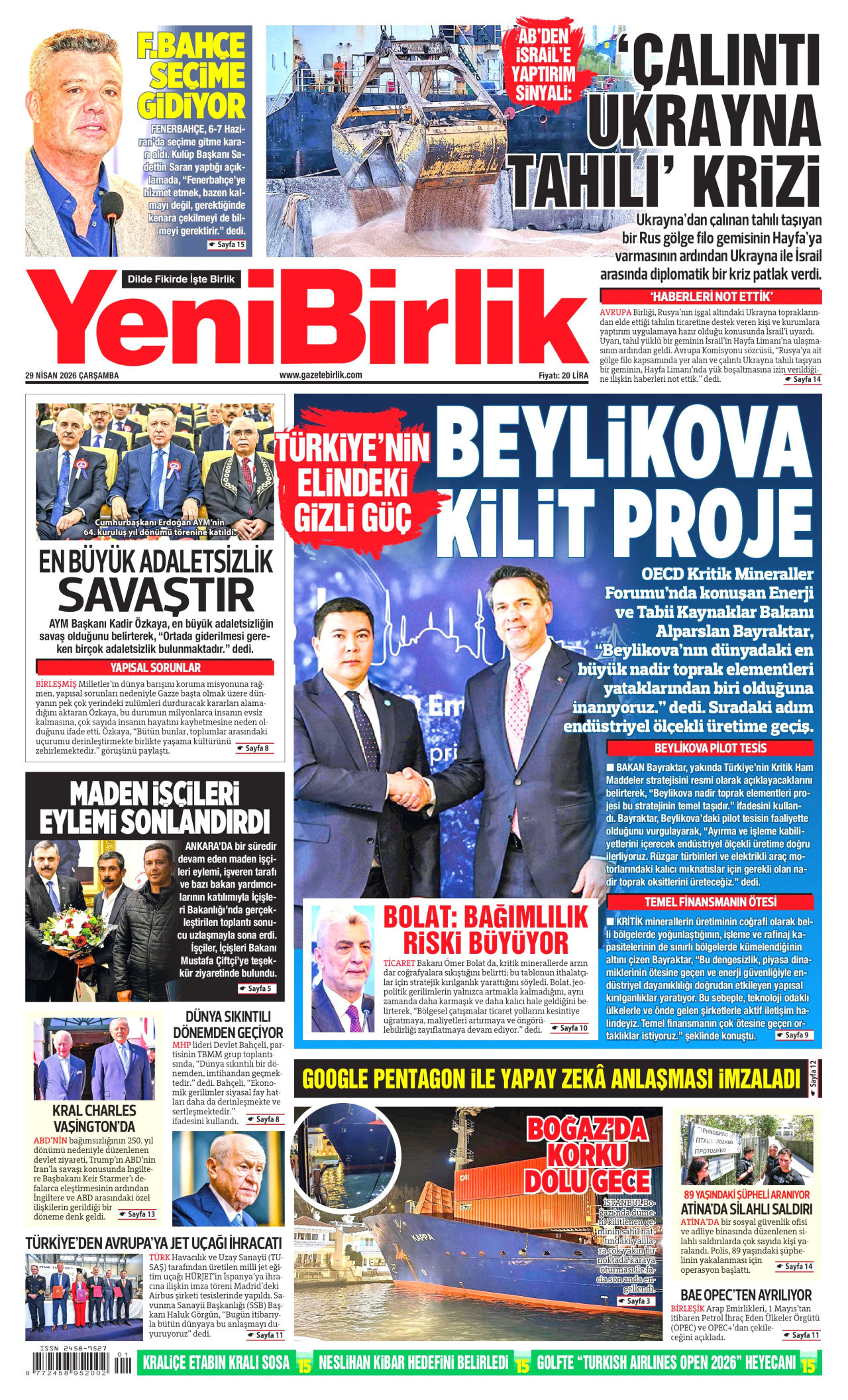 YeniBirlik Gazetesi Manşeti - 29.04.2026