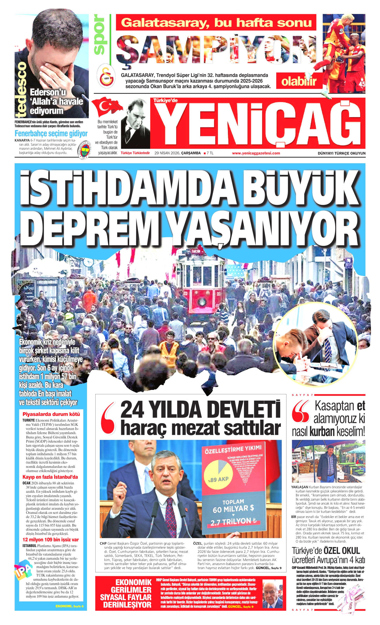 Yeniçağ Gazetesi Manşeti - 29.04.2026