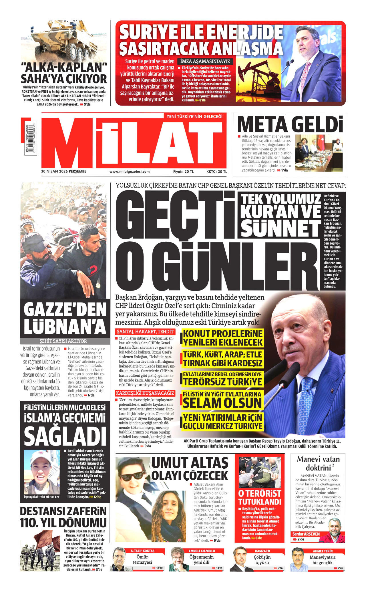 Milat Gazetesi Manşeti - 11 Mayıs 2026 Birinci Sayfa