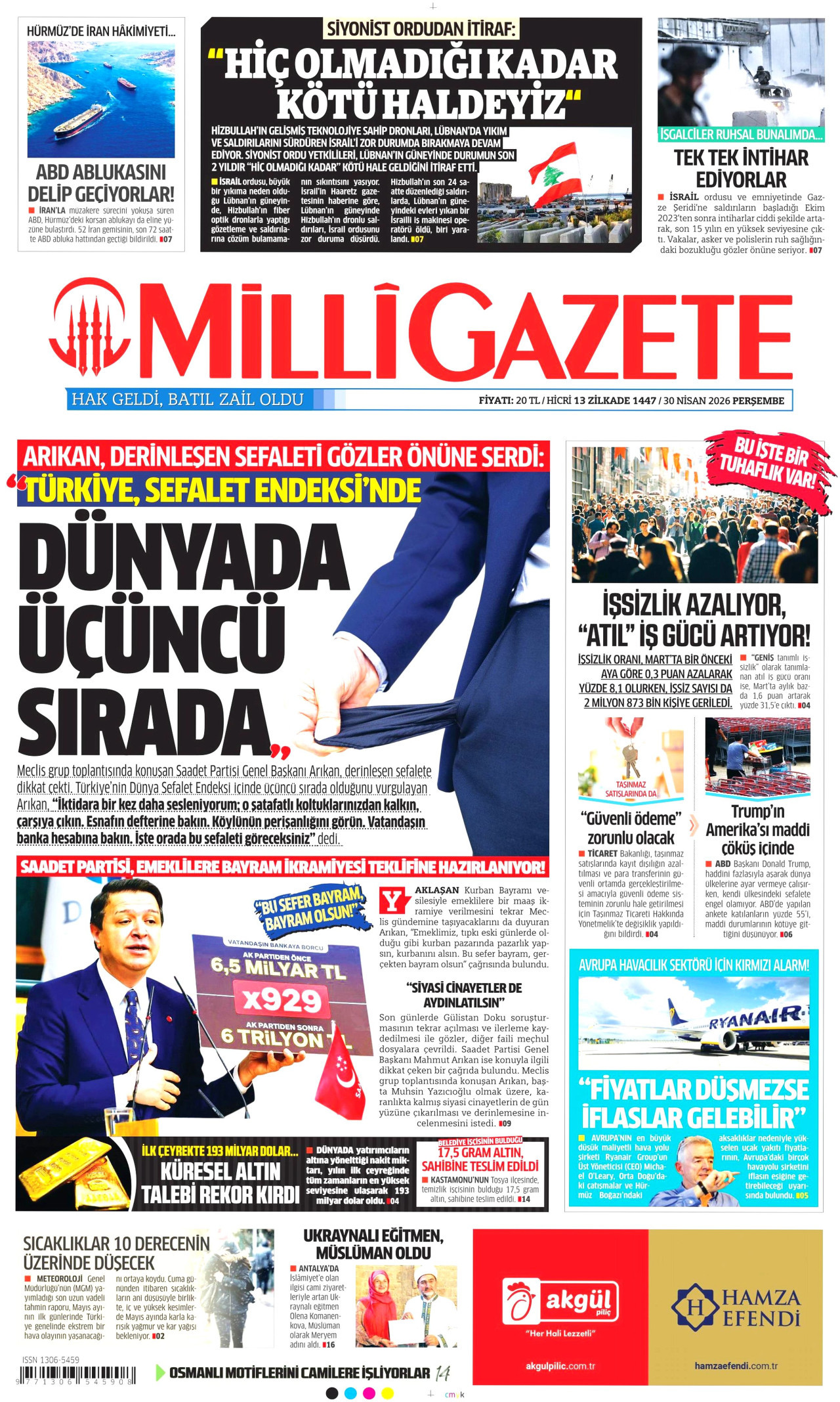 Milli Gazete Gazetesi Manşeti - 30.04.2026