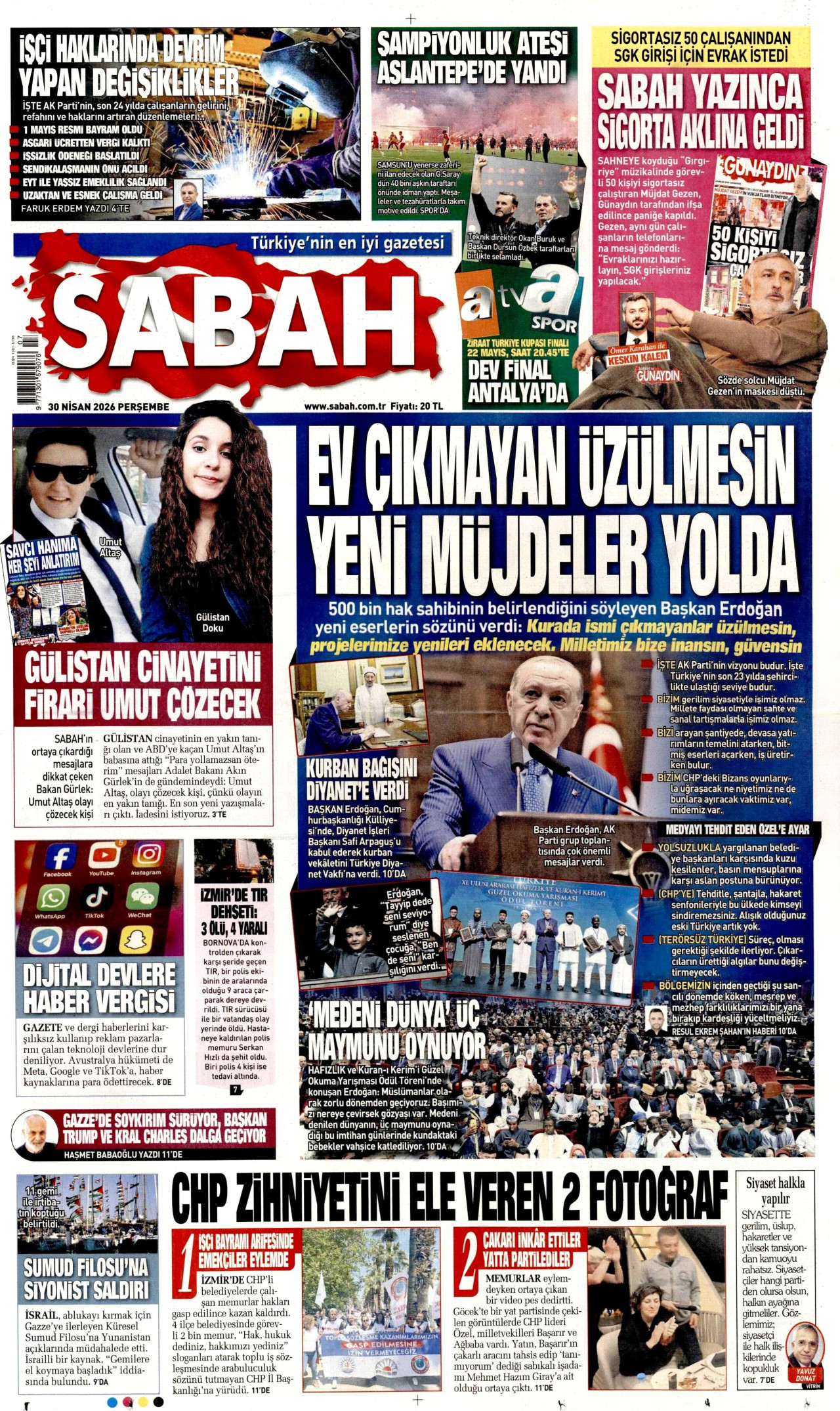 Sabah Gazetesi Manşeti - 30.04.2026