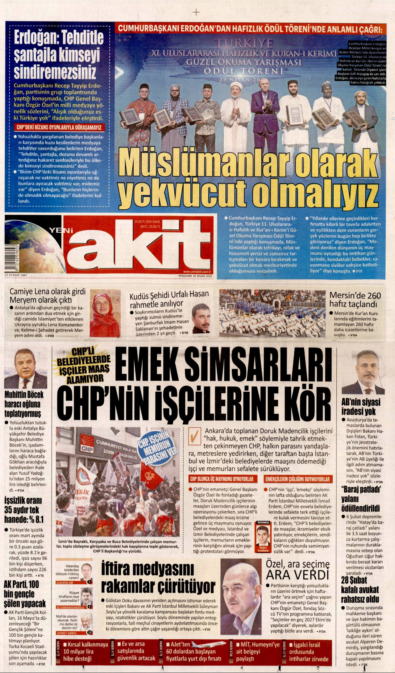 Yeni Akit Gazetesi Manşeti - 30.04.2026