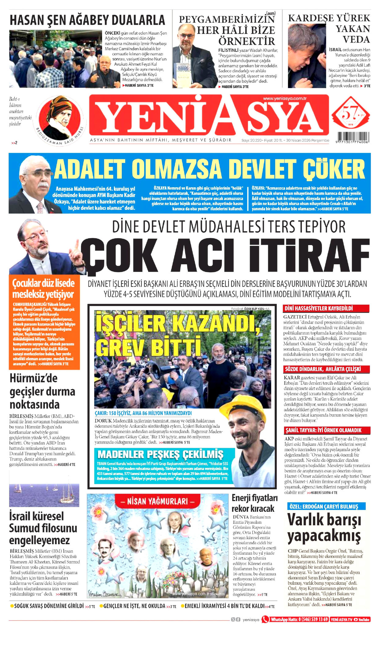 Yeni Asya Gazetesi Manşeti - 30 Nisan 2026 Birinci Sayfa