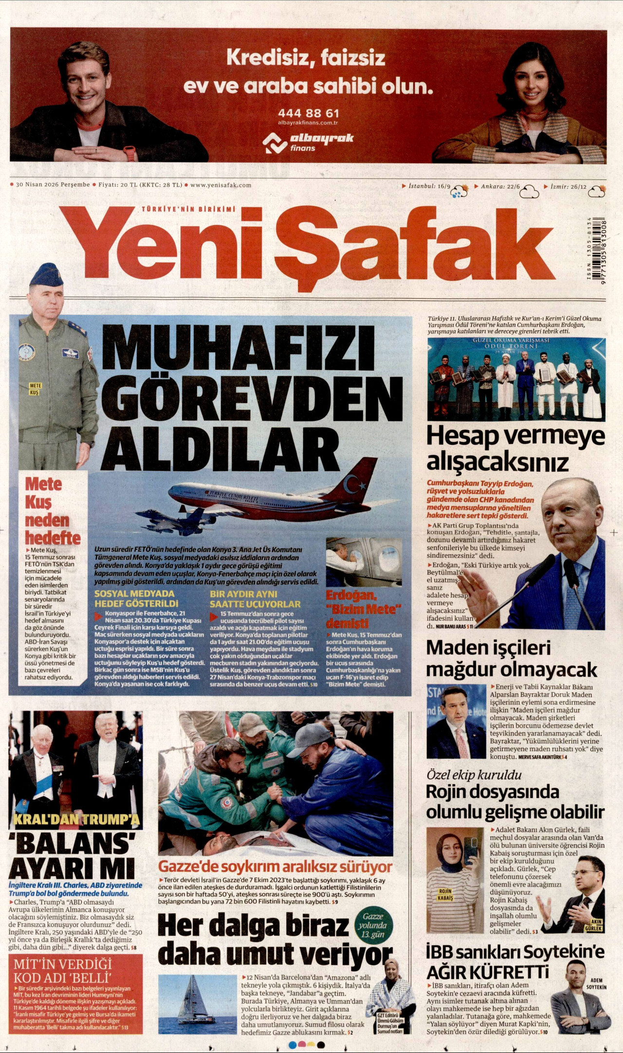 Yeni Şafak Gazetesi Manşeti - 30.04.2026