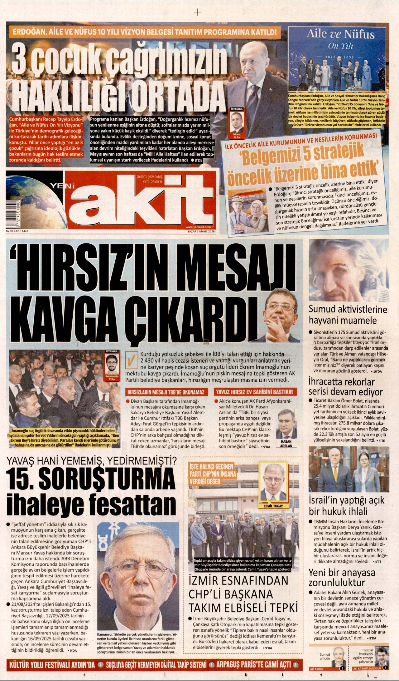 Yeni Akit Gazetesi Manşeti - 03.05.2026