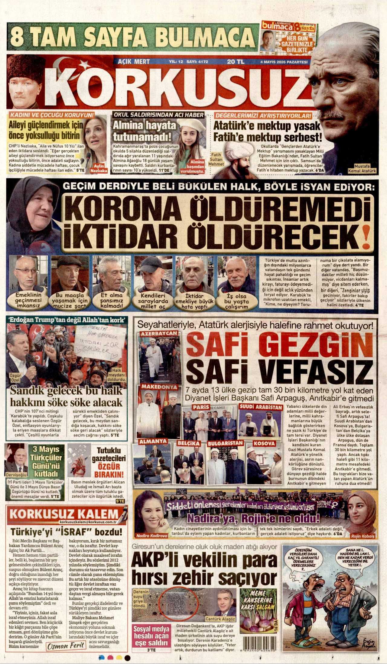 Korkusuz Gazetesi Manşeti - 4 Mayıs 2026 Birinci Sayfa