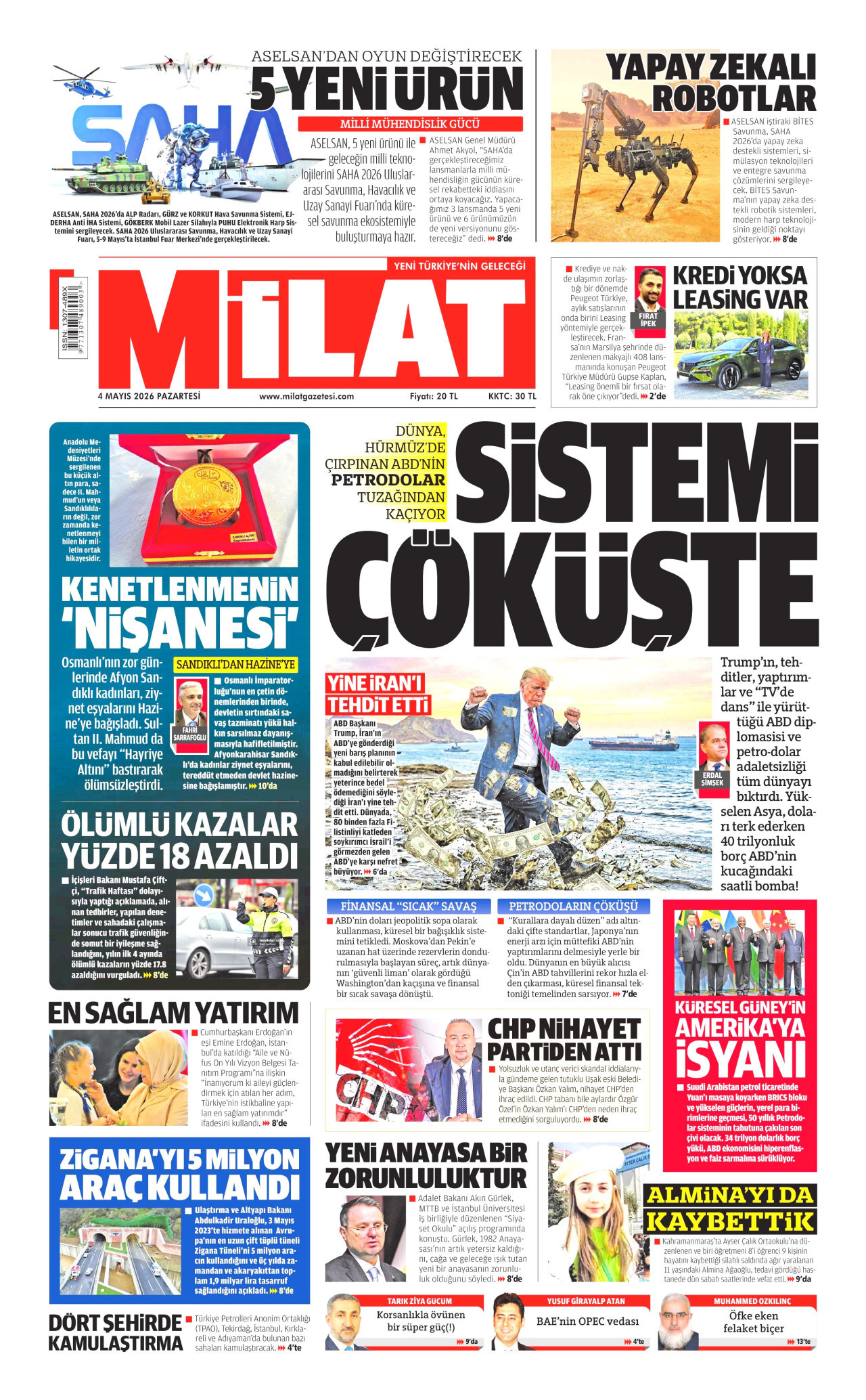 Milat Gazetesi Manşeti - 4 Mayıs 2026 Birinci Sayfa