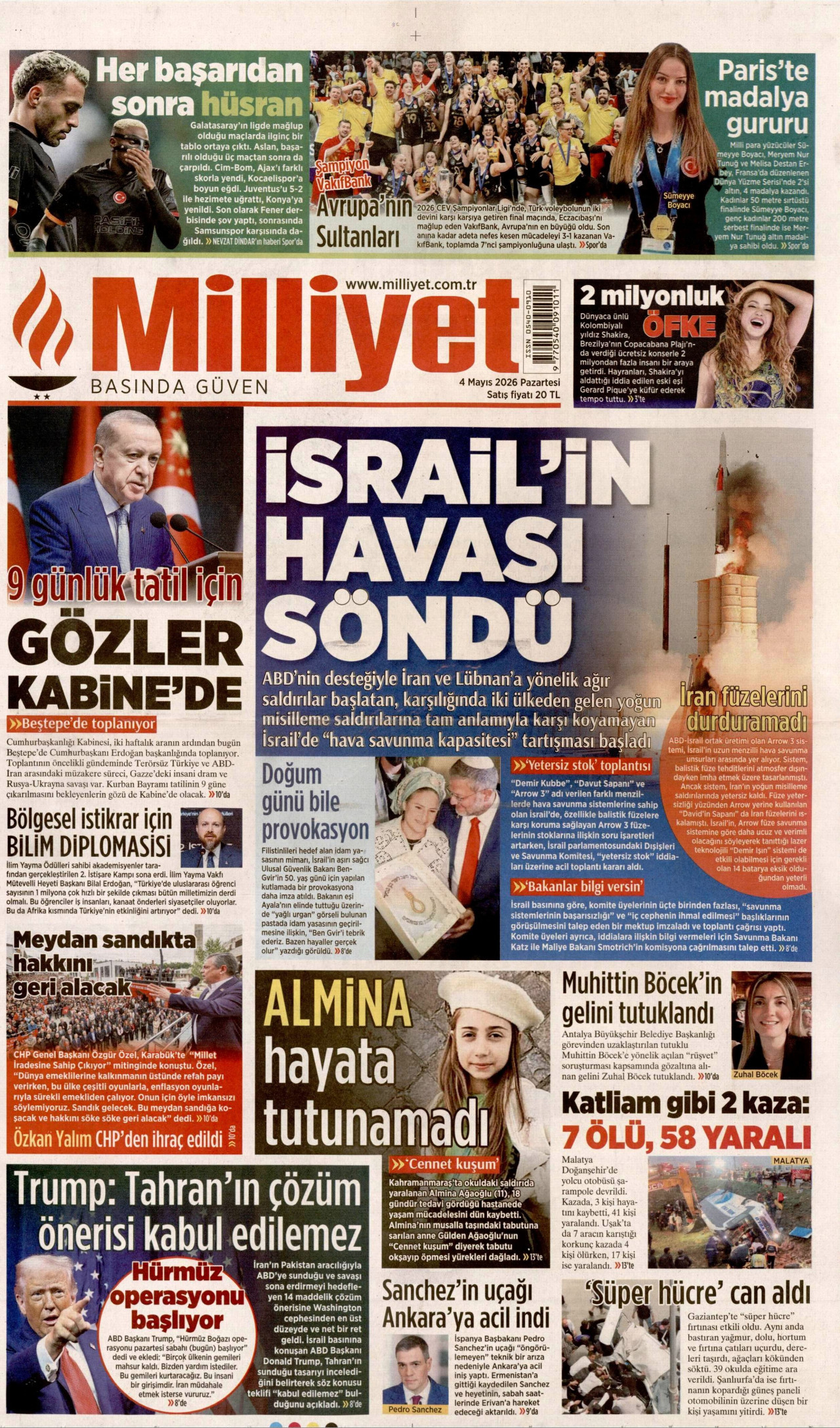 Milliyet Gazetesi Manşeti - 4 Mayıs 2026 Birinci Sayfa