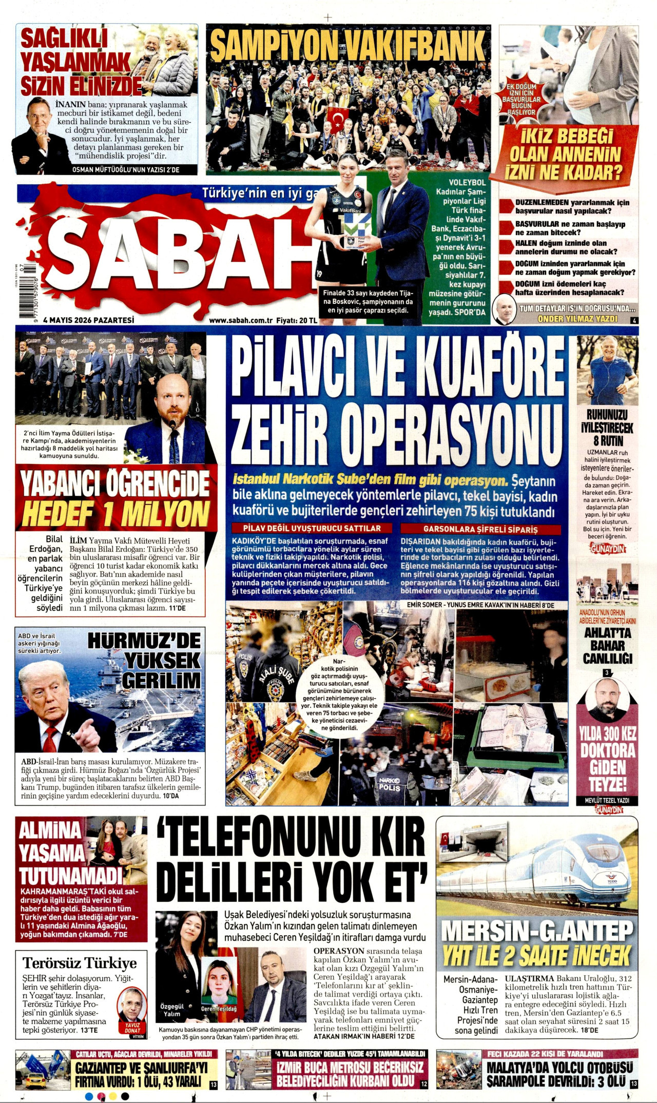 Sabah Gazetesi Manşeti - 4 Mayıs 2026 Birinci Sayfa