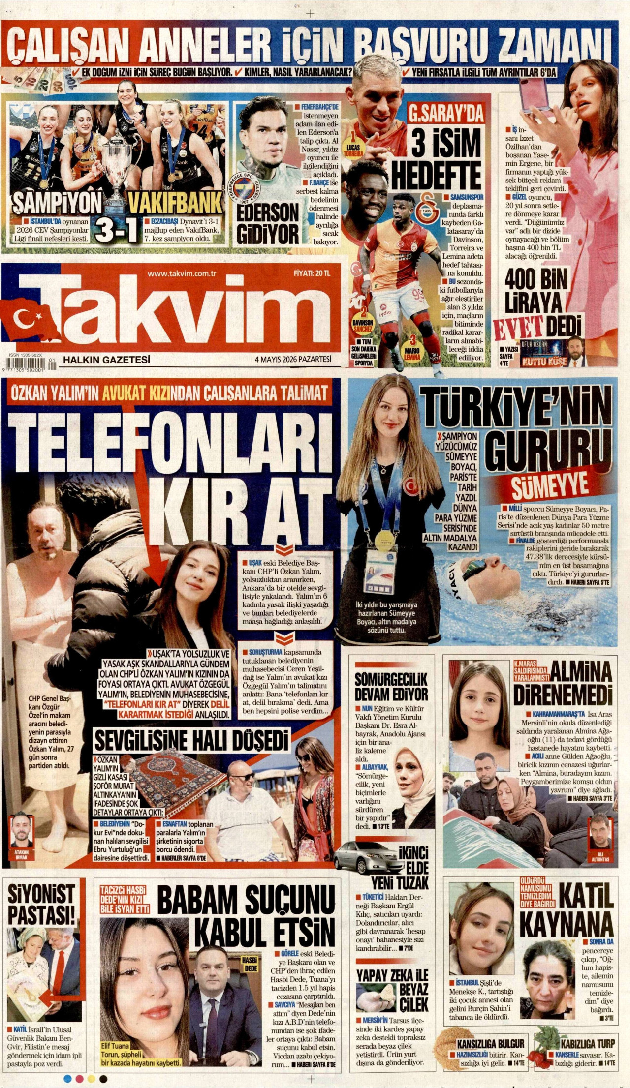 Takvim Gazetesi Manşeti - 4 Mayıs 2026 Birinci Sayfa