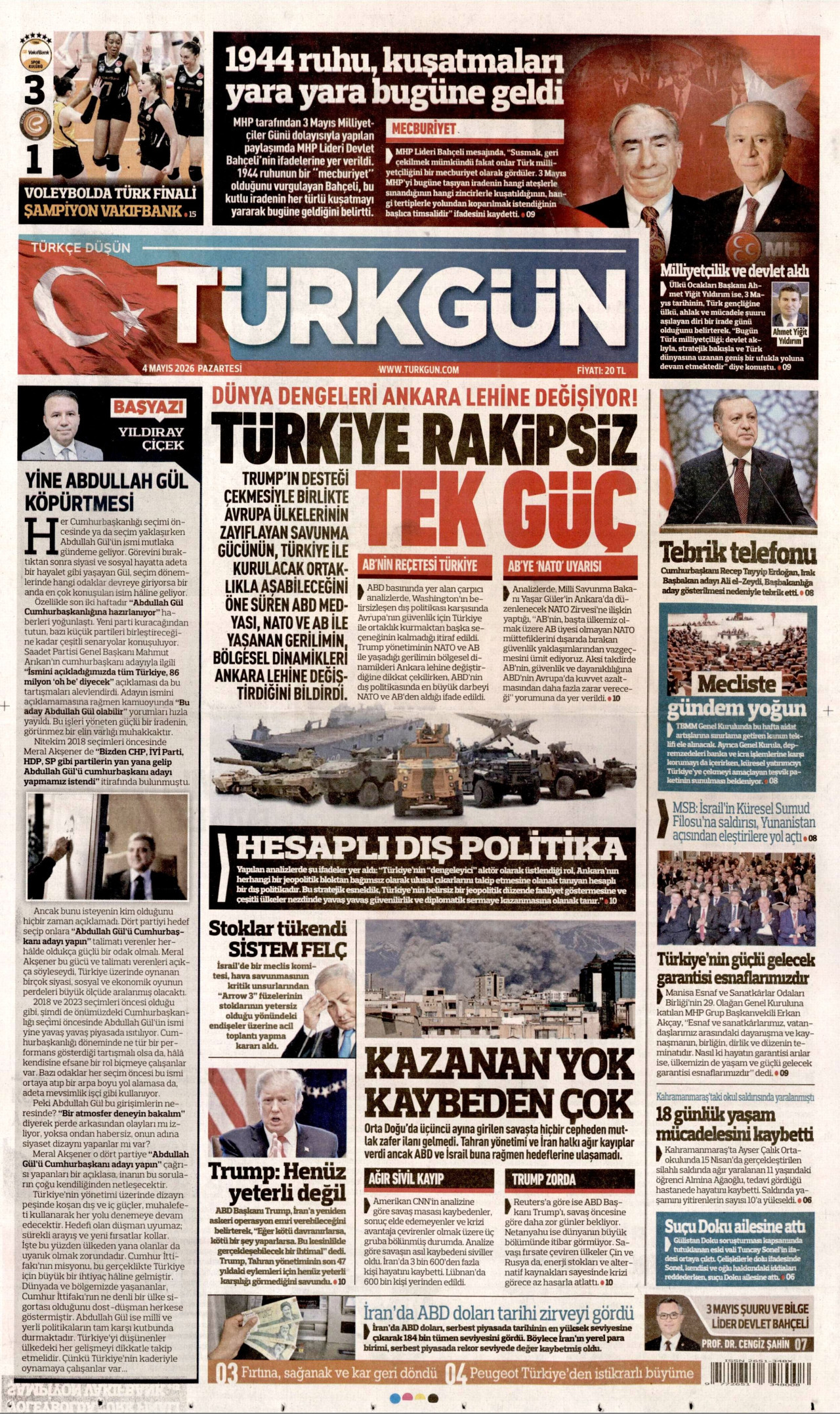 Türkgün Gazetesi Manşeti - 4 Mayıs 2026 Birinci Sayfa