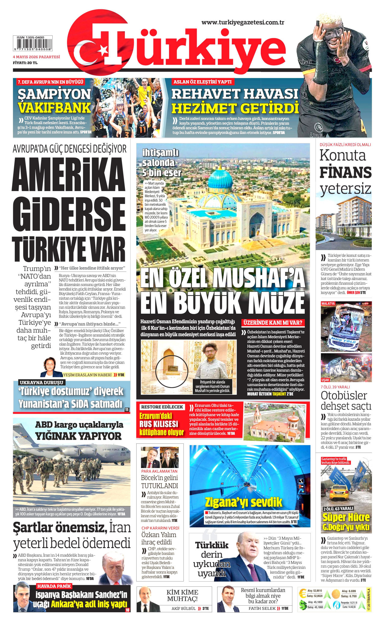 Türkiye Gazetesi Gazetesi Manşeti - 4 Mayıs 2026 Birinci Sayfa