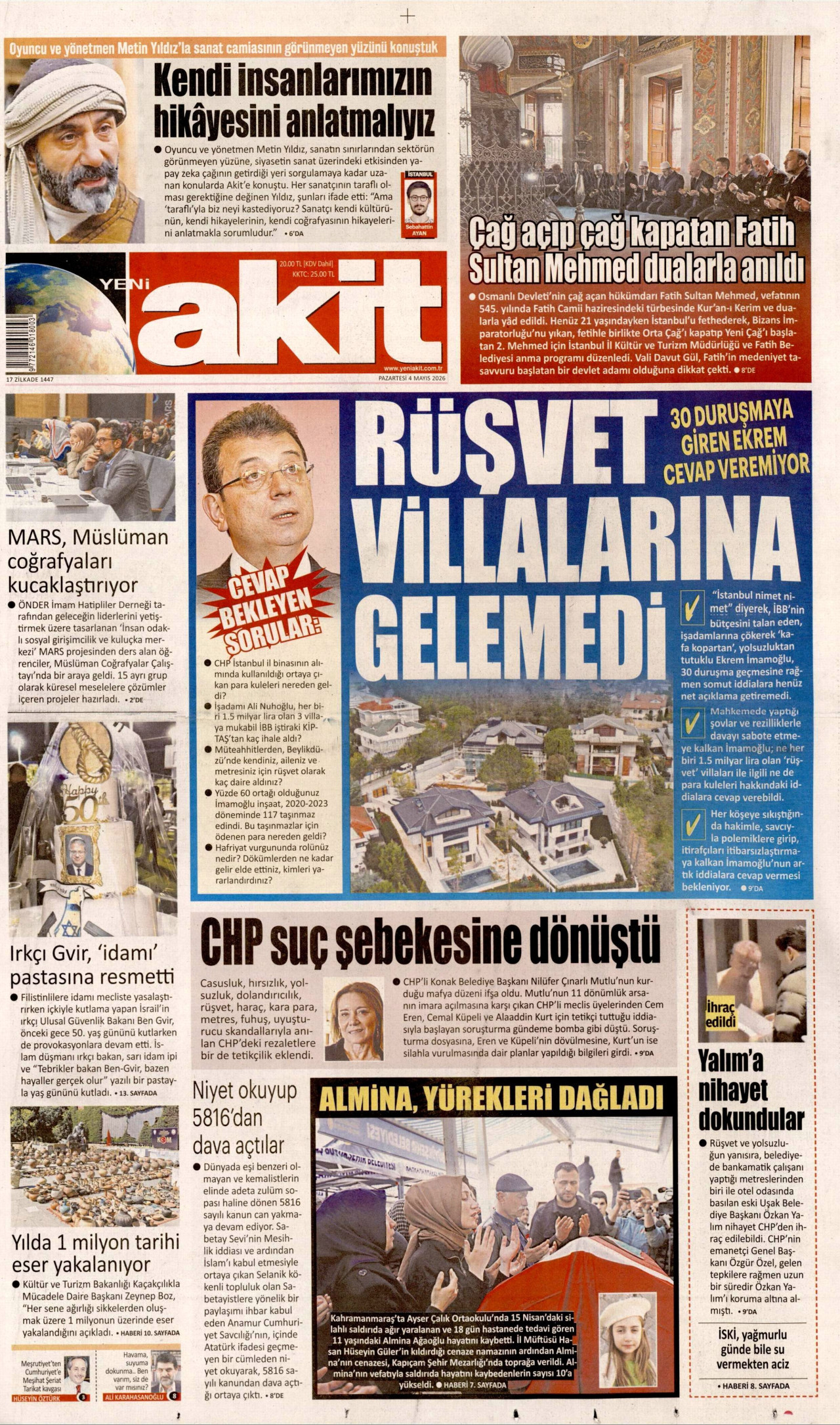 Yeni Akit Gazetesi Manşeti - 4 Mayıs 2026 Birinci Sayfa