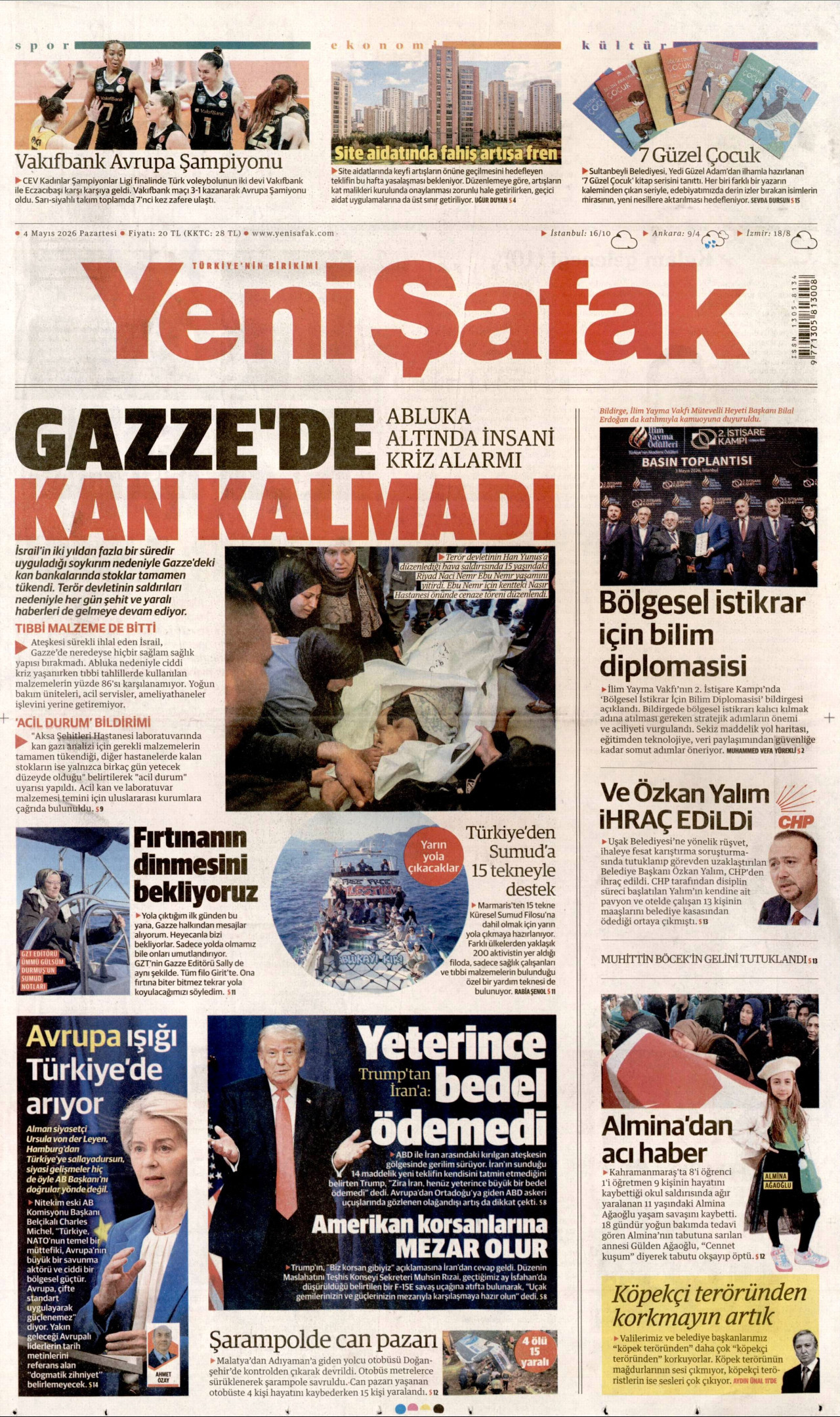 Yeni Şafak Gazetesi Manşeti - 4 Mayıs 2026 Birinci Sayfa