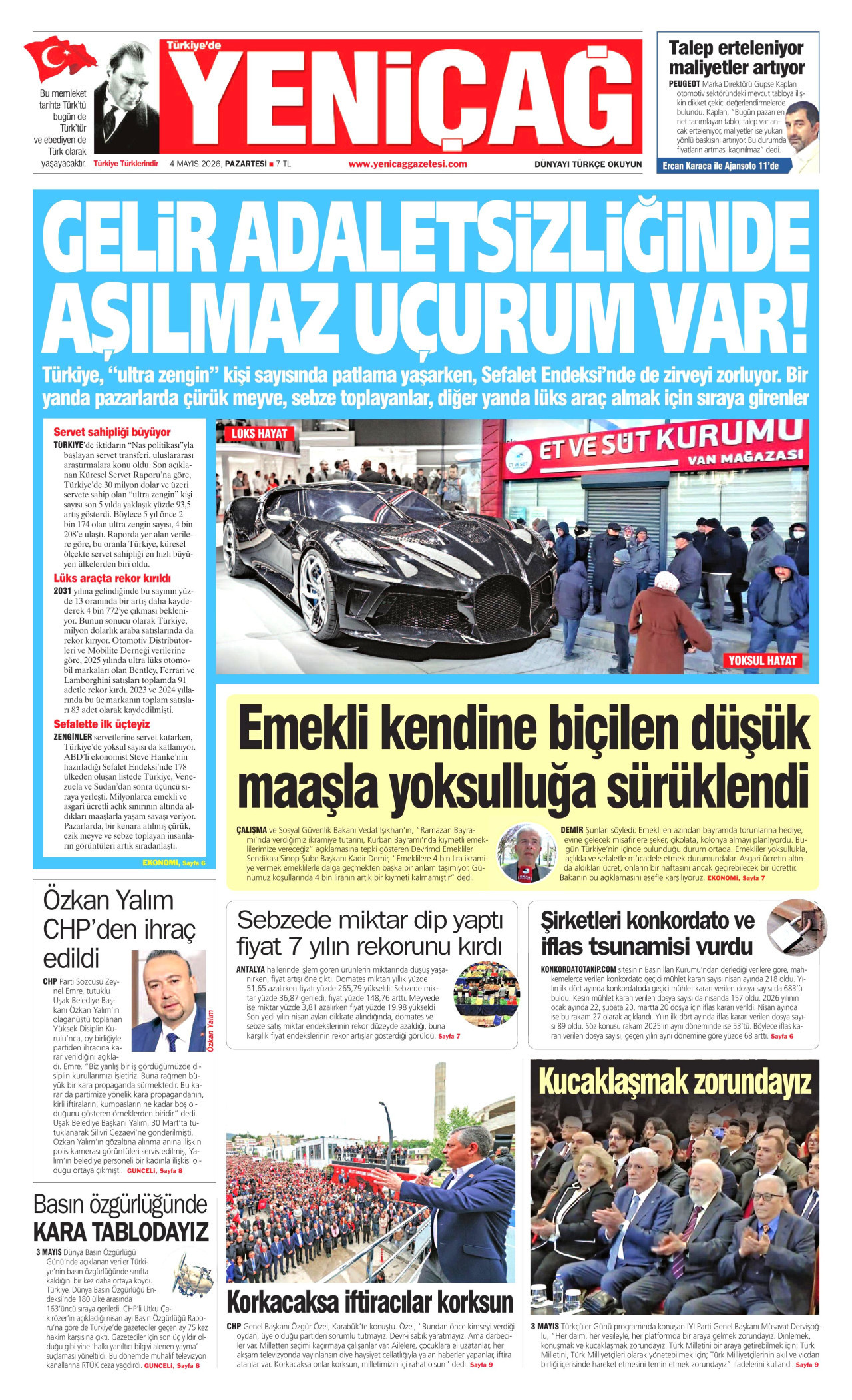 Yeniçağ Gazetesi Manşeti - 4 Mayıs 2026 Birinci Sayfa