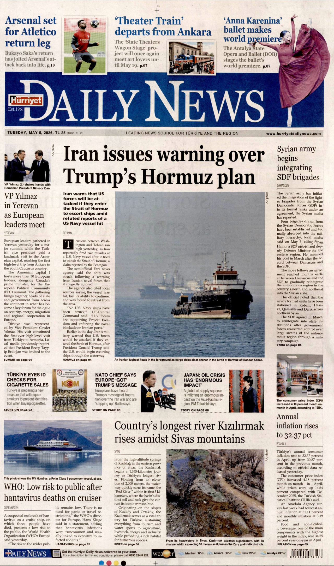 Hürriyet Daily News Gazetesi Manşeti - 11 Mayıs 2026 Birinci Sayfa